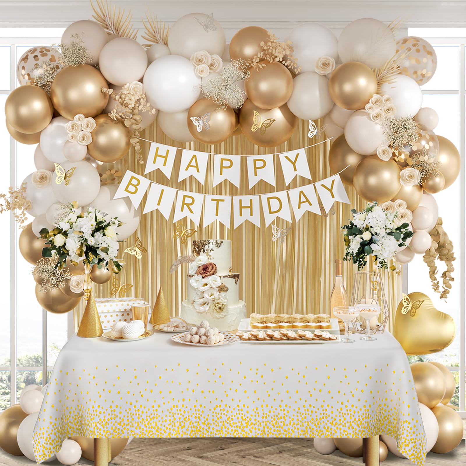 White & Gold Happy Birthday Party Decorations Set - Banner, Fringe Curtain, Tablecloth, Butterfly & Foil Balloons - Elegant Adult Women's Birthday Party Supplies | Perfect for Home, Office & Surprise Party Decor