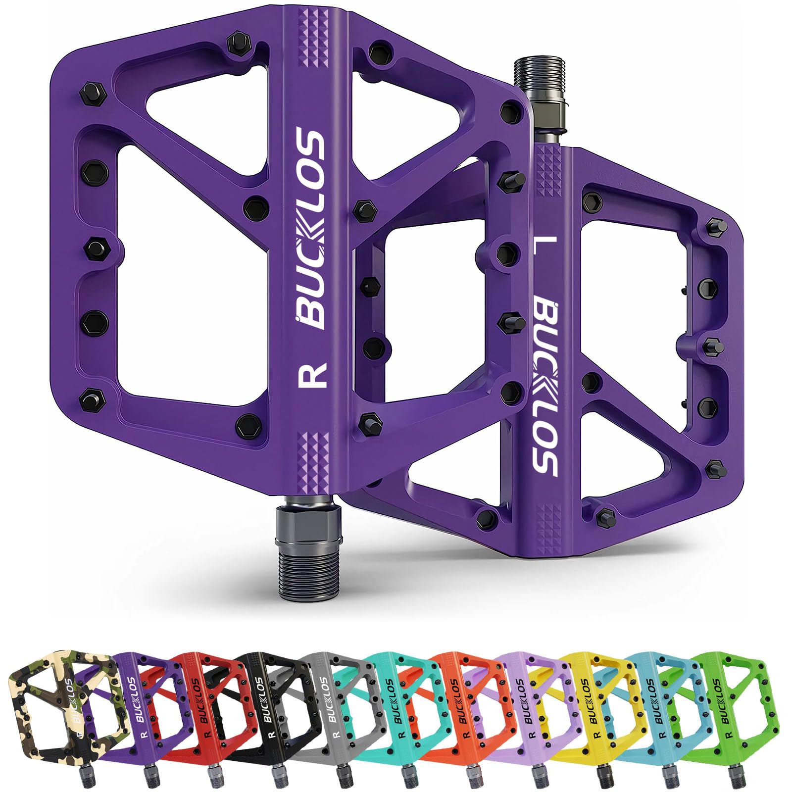 BUCKLOS Mountain Bike Pedals - MTB Flat Pedals for Adults, Large Non-Slip Nylon Platform Pedals 9/16