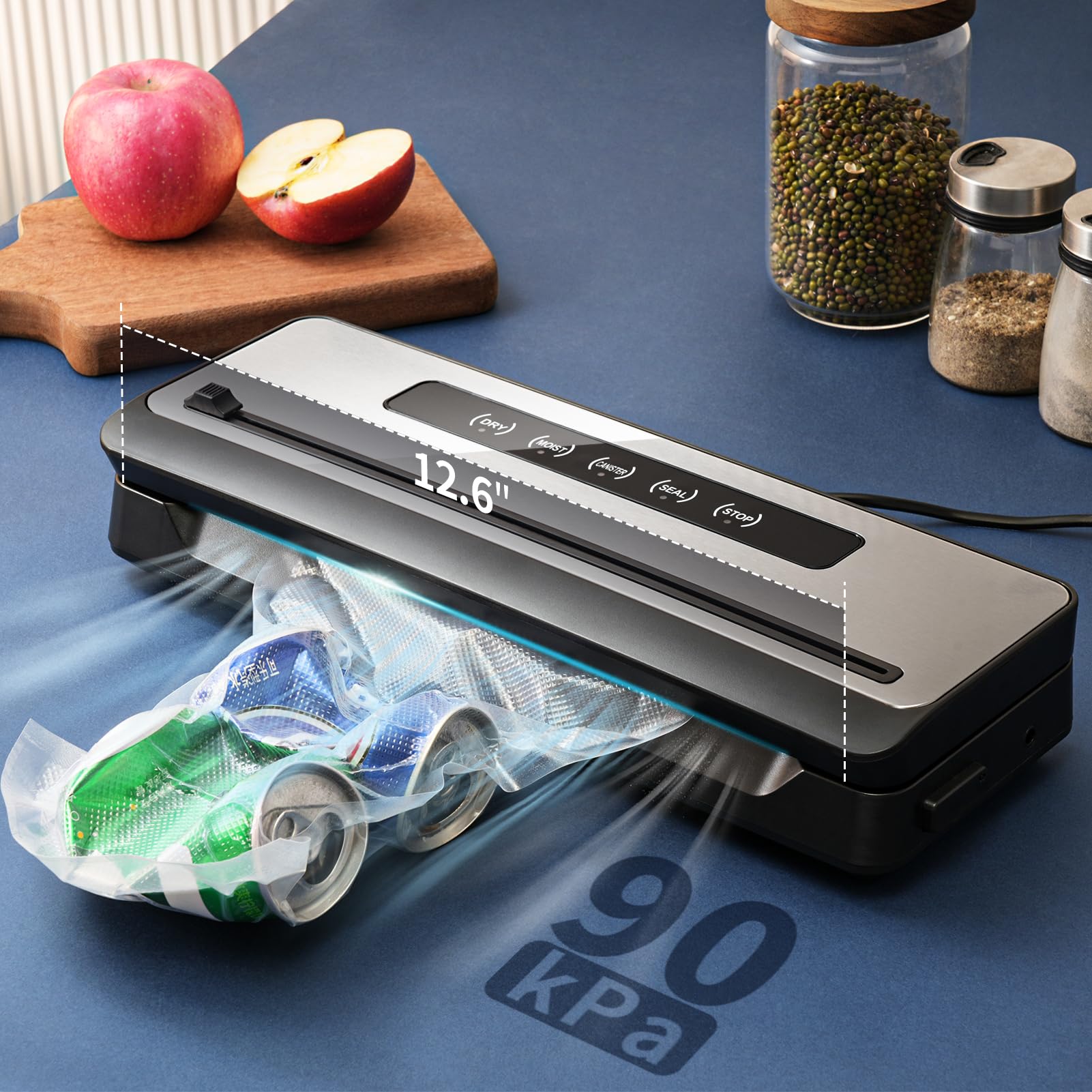 COVACURE Food Saver Vacuum Sealer Machine - 90Kpa Powerful Vacuum Sealer for Food Preservation with 12.6” Extra Long Seal, 4 Quick Modes, Includes 20 Bags, Built-in Cutter & Hose - Perfect for Meal Prep, Sous Vide, Freezing & Extending Food Freshness