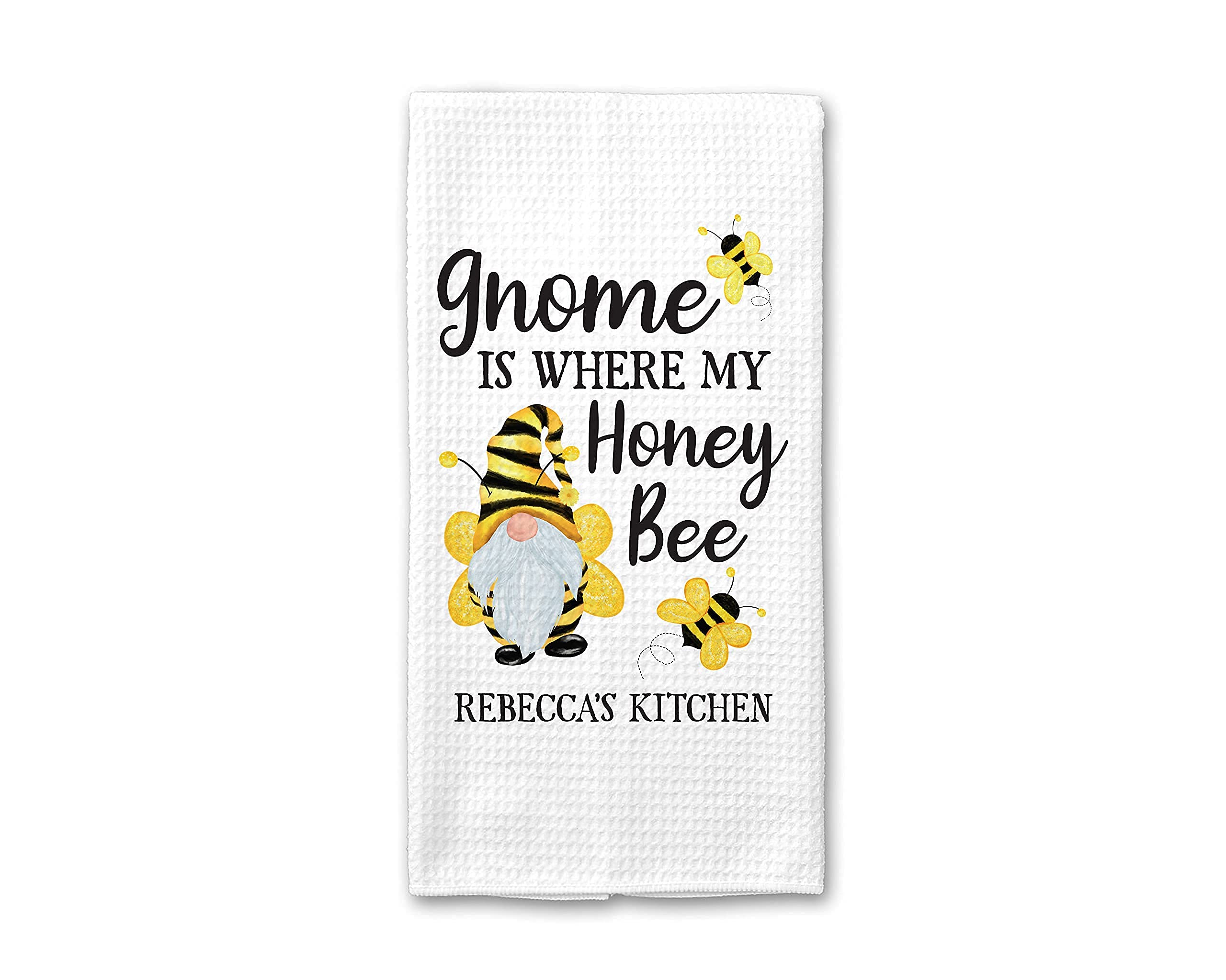 Personalized Gnome & Honey Bee Kitchen Towel - Custom Bee Themed Dish Towel for Summer Kitchen Decor | Seasonal Home Accessories | Housewarming Gift Idea for Friends | Perfect for Farmhouse Kitchens & Bee Lovers
