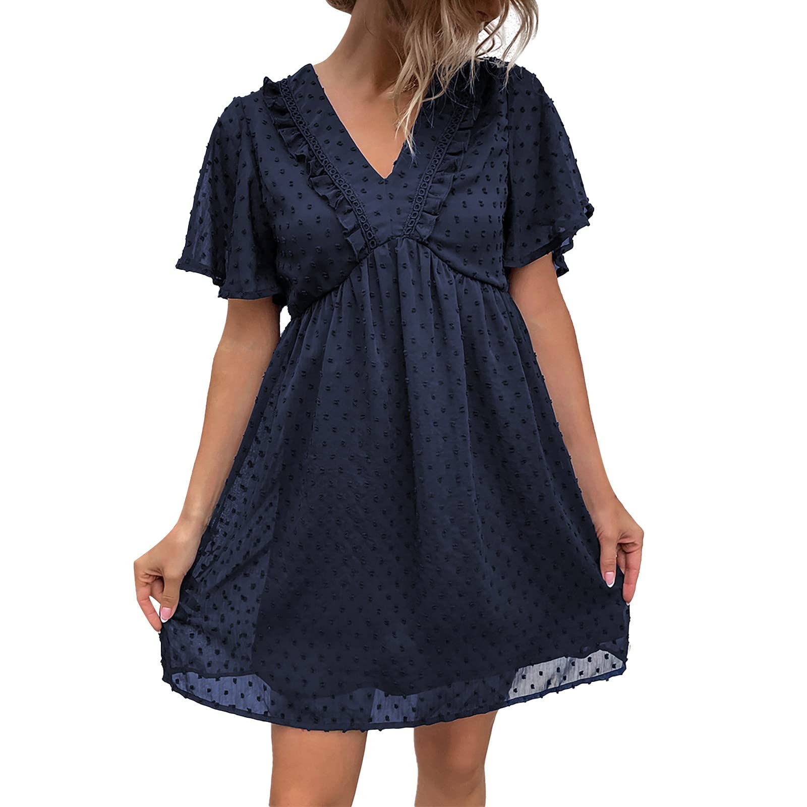 Plus Size Boho Chiffon Midi Skater Dress with Ruffle Sleeves - Flowy Summer Casual Dress for Women in Navy Blue | Perfect for Beach Vacations, Date Nights & Outdoor Parties