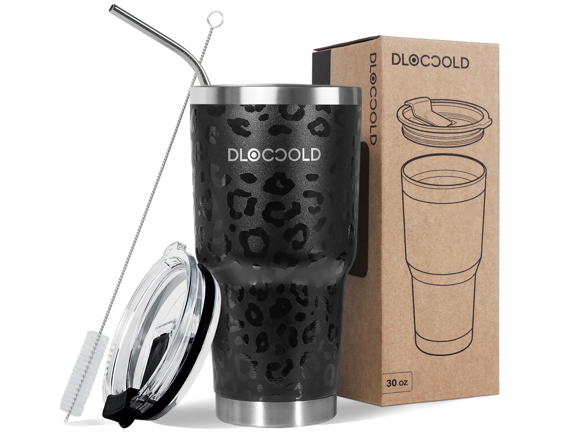 DLOCCOLD 30oz Leopard Tumbler - Stainless Steel Vacuum Insulated Travel Mug with Straw & Cleaning Brush - Perfect for Coffee On-The-Go