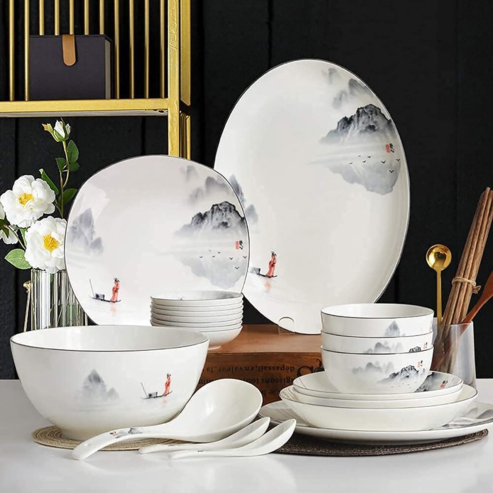 Elegant Black and White Dinnerware Set for 4/6/12 - 35-Piece Chinese-Inspired Tableware with Ancient Ink Painting Design - Perfect for Home, Kitchen, and Formal Dining Occasions