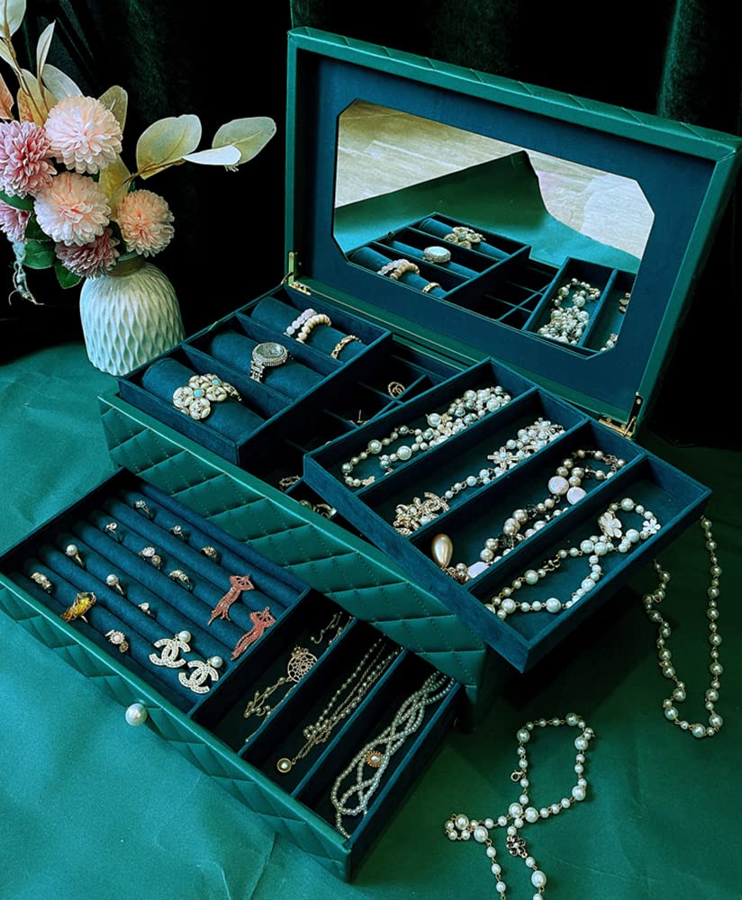 Luxury Large Wooden Jewelry Box Organizer with Mirror, Drawers & Faux-Leather - Perfect for Earrings, Necklaces, Rings Storage - Elegant Gift for Women (Green) | Bedroom Vanity, Travel, Wedding Jewelry Organizer