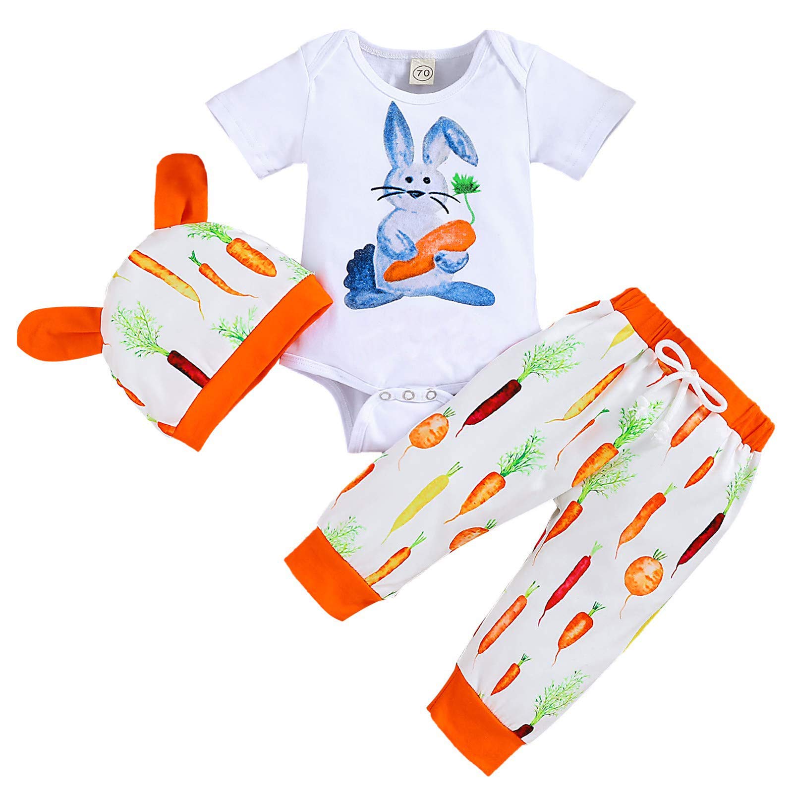 SPORTTINstm Baby Boy & Girl Rabbit Cartoon Romper Outfit Set - Cute Carrot Print Pants & Top - Newborn Gift (White, 9-12 Months) - Perfect for Playtime, Photo Shoots & Special Occasions
