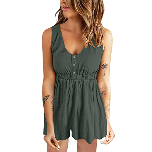 Women's Blue Casual Summer Jumpsuit - Sleeveless Scoop Neck Tank Top Romper with Pockets | Shorts Jumpsuit for Beach, Travel & Everyday Wear (Grey, XL)