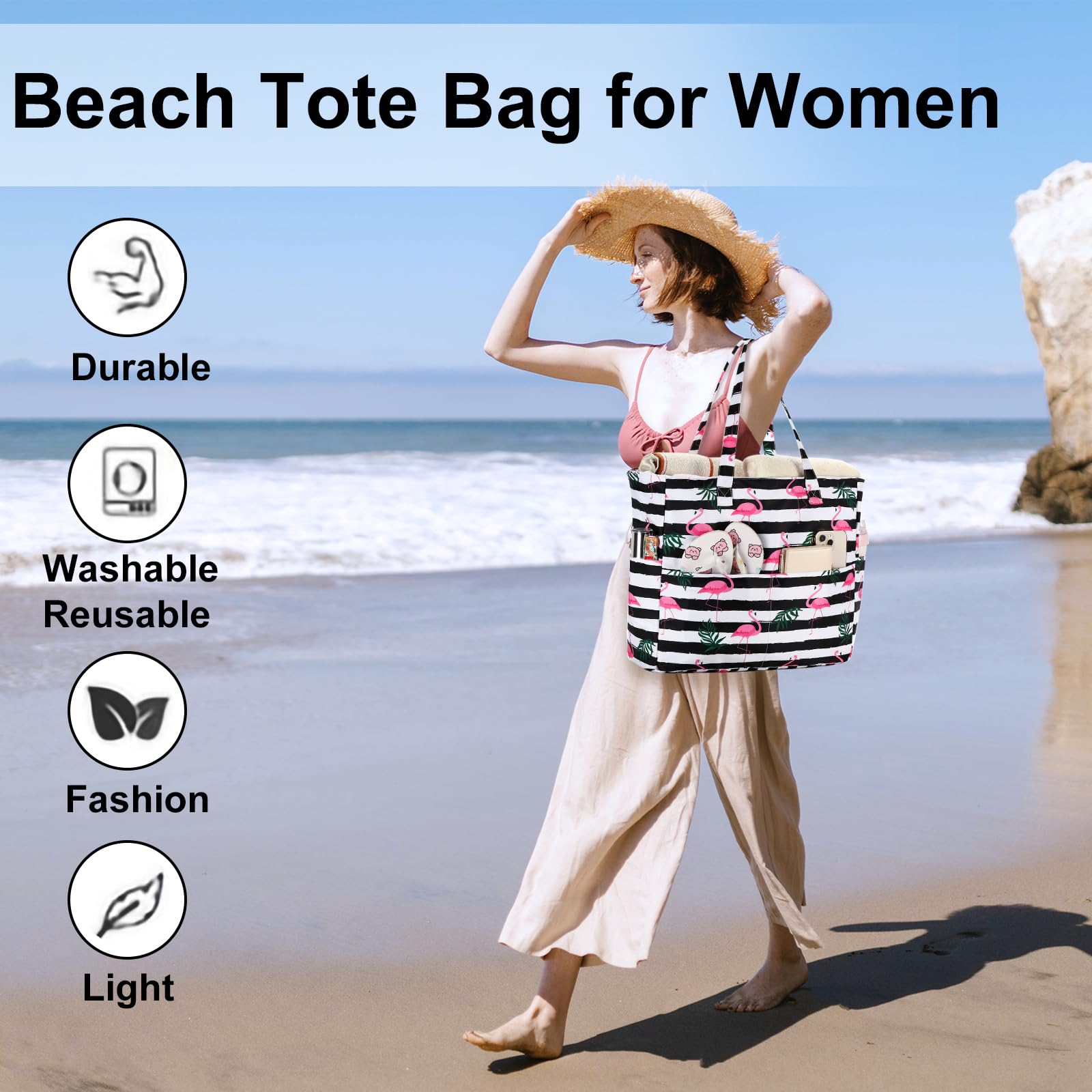 LEDAOU Large Waterproof Beach Tote Bag for Women - Sandproof Zippered Pool & Gym Bag with Wet Pocket - Perfect for Travel, Grocery Shopping & Beach Days