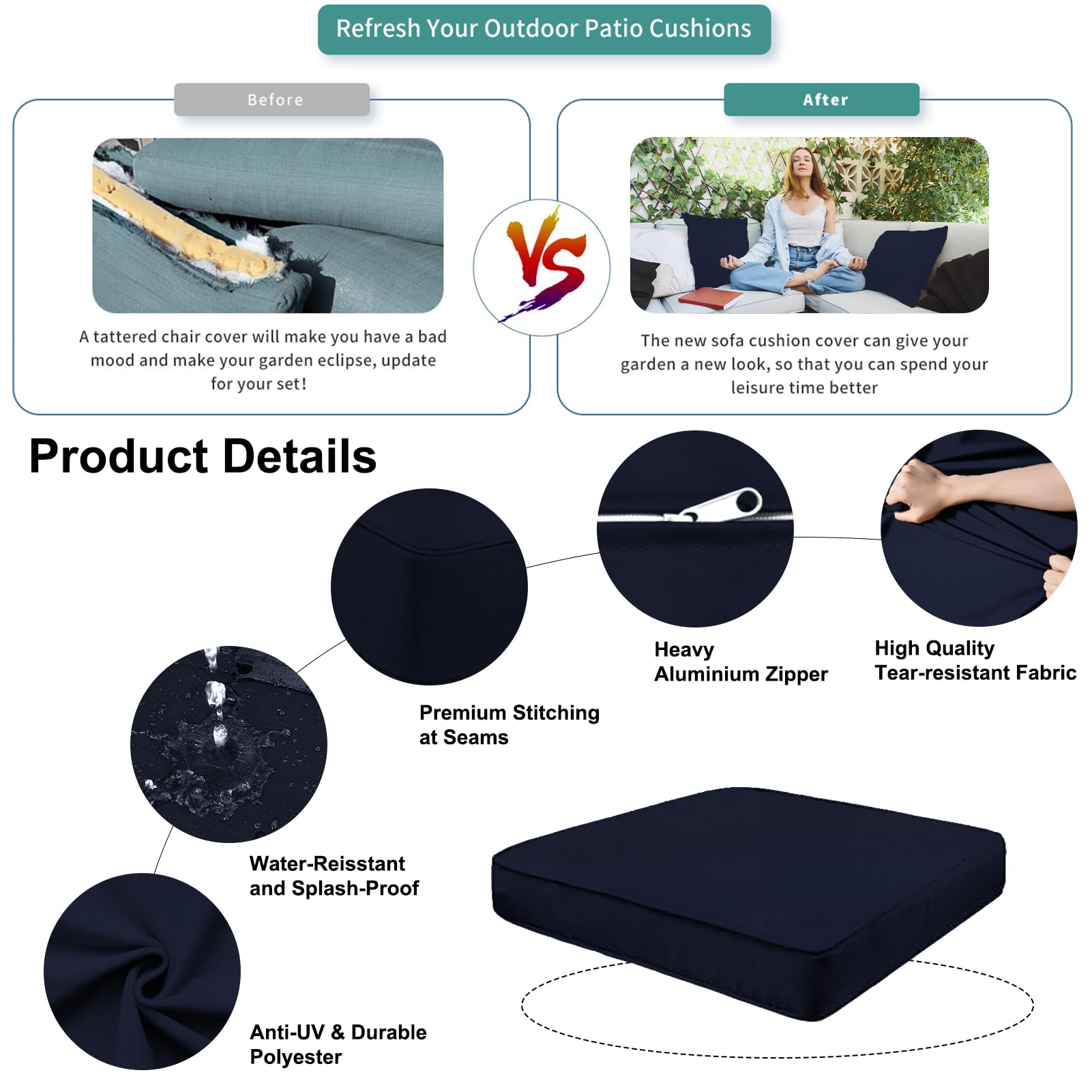 Waterproof Outdoor Patio Cushion Covers with Zipper - Replacement Slipcovers for Wicker Rattan Sectional Couch & Chair (Set of 4, Dark Blue, Small Size) - Perfect for Garden, Poolside & Patio Furniture Protection