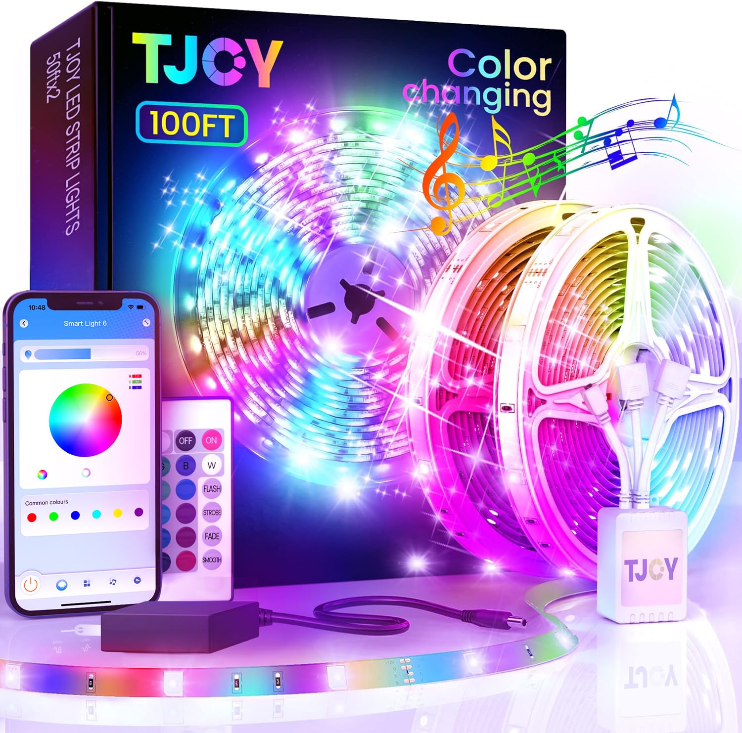 TJOY 100ft Bluetooth LED Strip Lights - Smart RGB Color Changing Lights with Music Sync, Remote & App Control for Bedroom, TV Backlight, Room Decor - Perfect for Parties, Gaming Setup & Home DIY Lighting