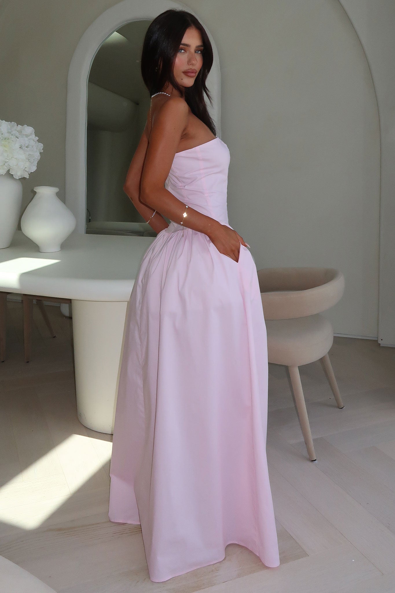 Iridessa Strapless Maxi Dress for Women - Flowy Baby Pink Summer Wedding Guest Dress | Beach Party, Vacation, Formal Occasions