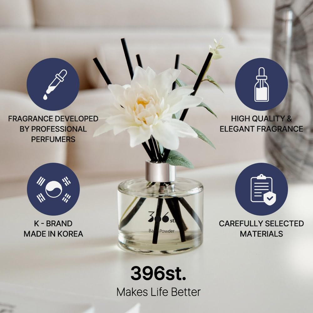 396 St. Dahlia Flower Reed Diffuser Set - Baby Powder Scent (Refreshing Air Fragrance) 200ml/6.7oz - Aromatherapy Essential Oils for Home, Bathroom & Office Decor - Perfect for Relaxation, Stress Relief & Creating Cozy Atmosphere