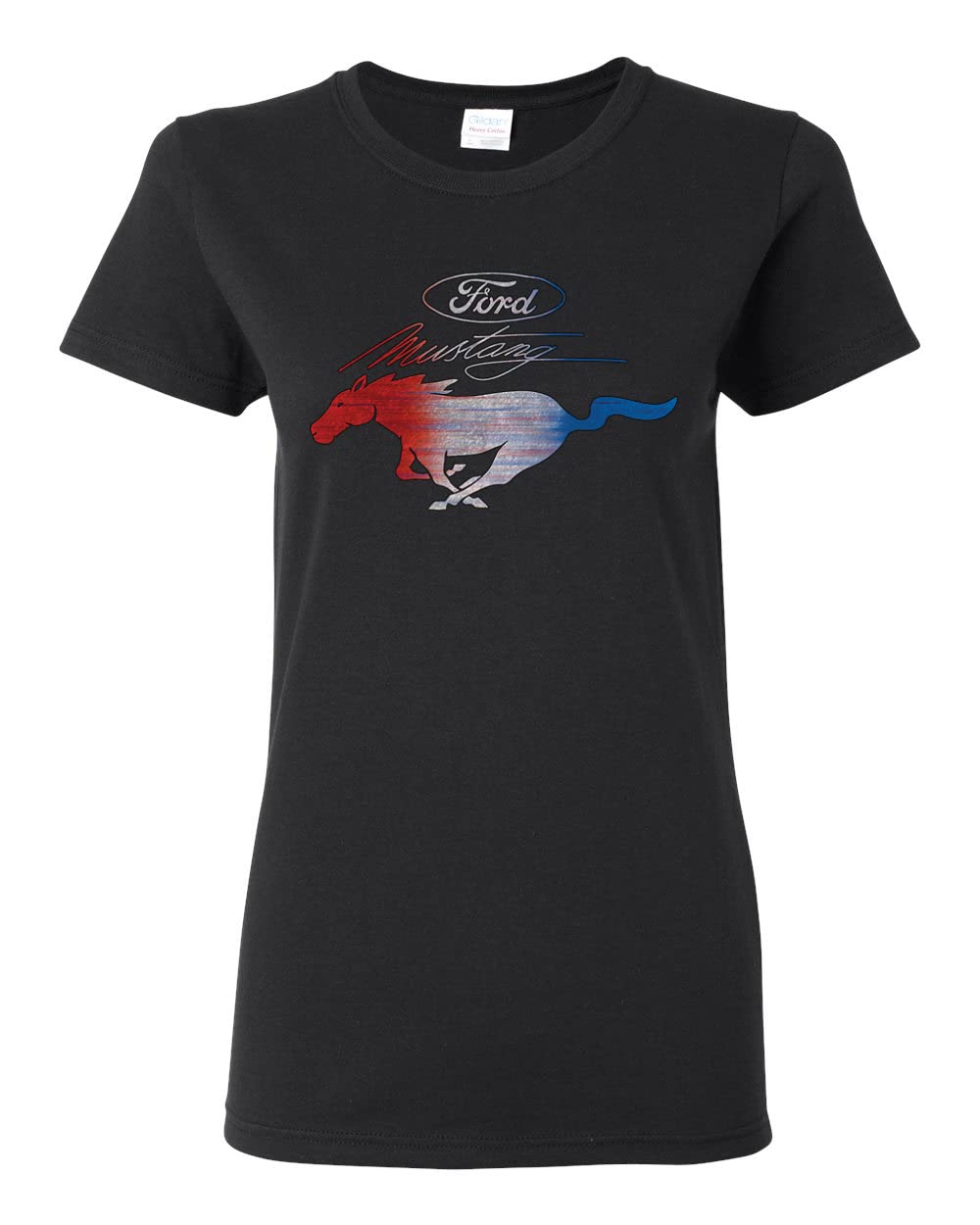 Ford Mustang Graphic T-Shirt for Women - USA Flag & Mustang Emblem Design - Casual Car Enthusiast Tee for Everyday Wear, Car Shows & Road Trips