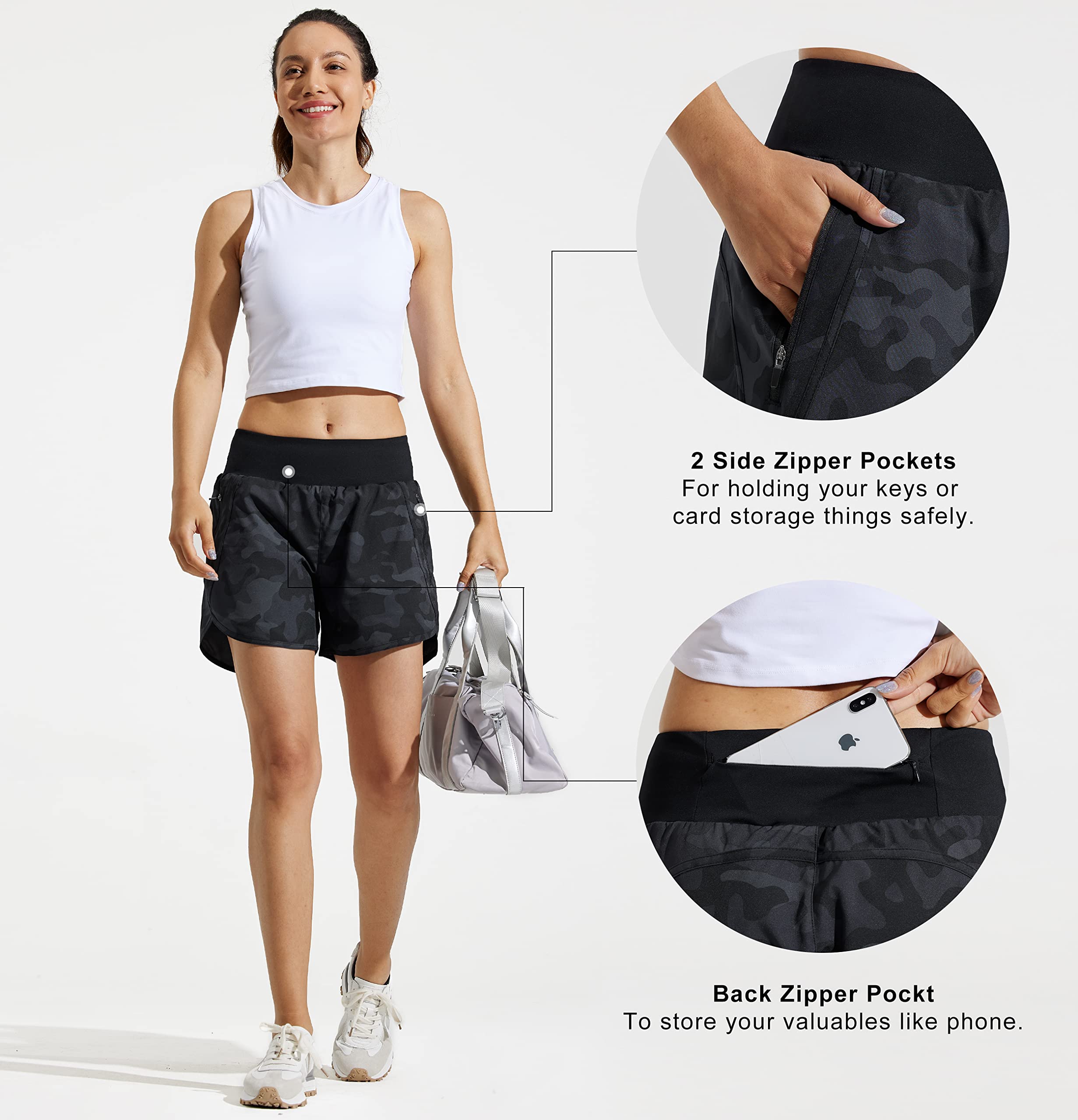 MASKERT Women's 5-Inch Athletic Running Shorts with Zipper Pockets - Quick Dry Gym Workout Shorts with Liner for Jogging, Yoga & Lounge Wear