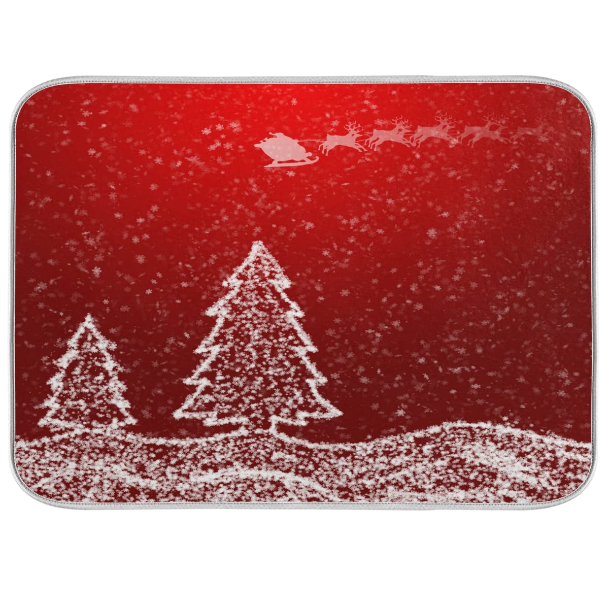 EZOLA White Christmas Tree Snowflakes Red Dish Drying Mat - Reversible Kitchen Counter Absorbent Fast Dry Pad (16x18 Inches) - Perfect for Holiday Decor & Dish Drainage