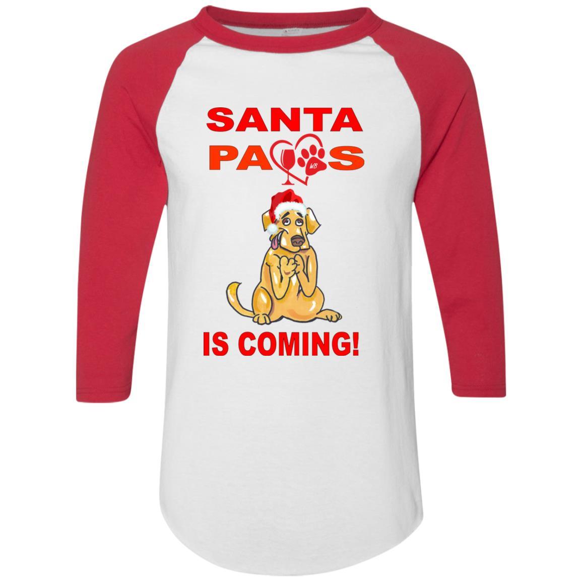 Santa Paws Is Coming Augusta Colorblock Raglan Jersey - Funny Christmas Dog Sweater for Small Medium Large Breeds - Perfect for Holiday Photos & Family Gatherings