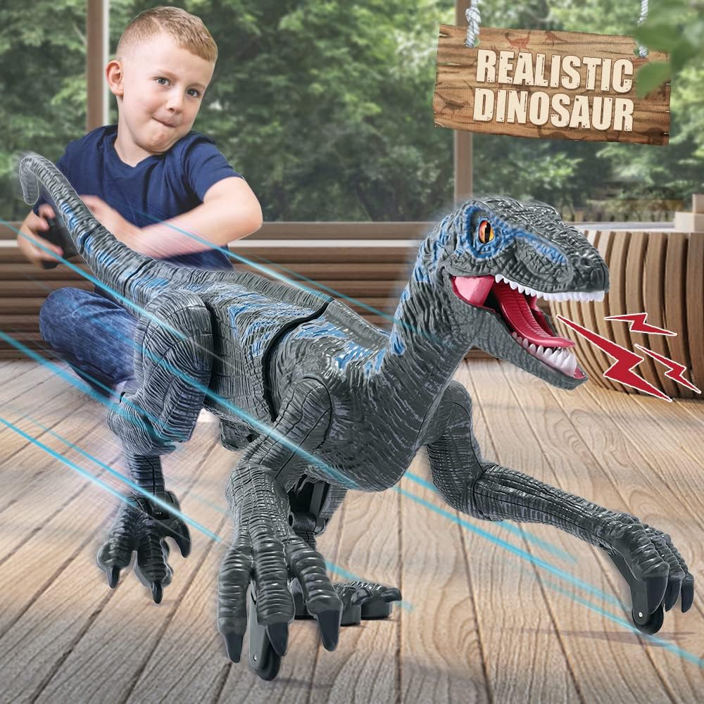 2.4G Remote Control Dinosaur Toy - Rechargeable Electronic Walking Velociraptor with LED Lights & Realistic Sounds, STEM Educational RC Toy for Kids Boys & Girls - Perfect for Indoor Play, Birthday Gifts & Learning Activities