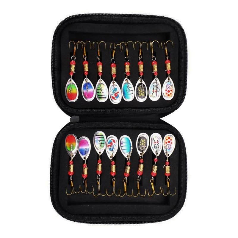 16 Pcs Fishing Lures Spinner Bait Kit with Triple Hooks - Metal Spinner Baits for Bass, Trout, Salmon - Perfect for Freshwater & Saltwater Fishing Tackle - Great for Casting, Trolling, and Ice Fishing