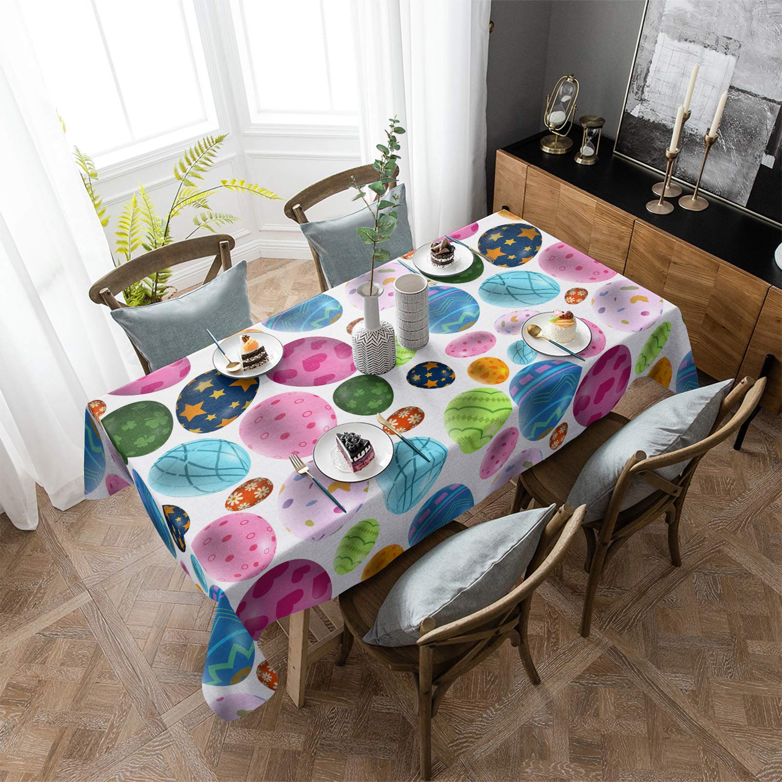 DoremiHome Happy Easter Rectangle Tablecloth 52x70 Inch - Waterproof Polyester Table Cover for Dining, Kitchen, Buffet, Indoor & Outdoor Decor - Colorful 3D Egg Design - Perfect for Easter Parties, Spring Gatherings & Holiday Celebrations