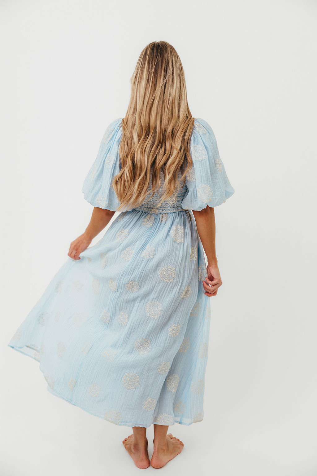 Aimee Women's Blue Floral Smocked Embroidered Midi Dress - Perfect for Summer Weddings, Garden Parties & Casual Outings