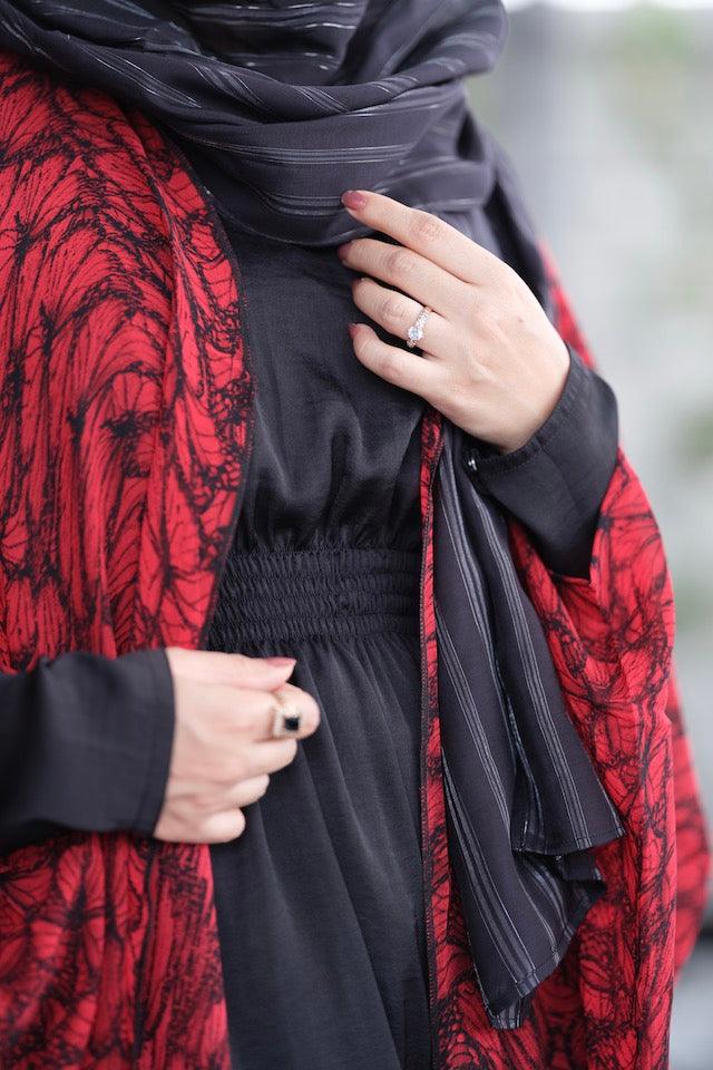 Elegant Roshny Abaya Garnet Red - Modest Islamic Dress for Women - Perfect for Prayer, Eid, and Special Occasions