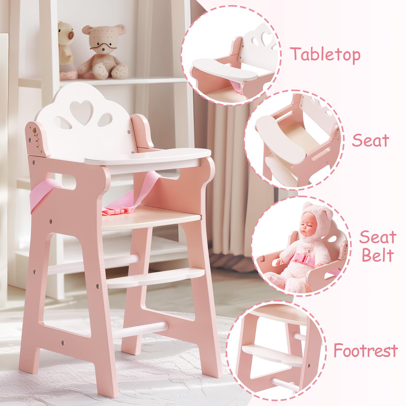 ROBOTIME Wooden Baby Doll High Chair with Safety Belt - Pretend Play for 18