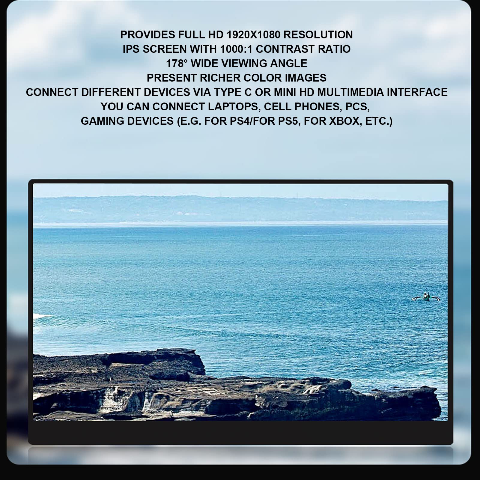 Focket 14-inch Ultra Slim Portable Monitor - FHD 1080P External Display with Built-in Speakers, Second Screen for Laptop, PC, Mac, Phone (US Plug) - Perfect for Work, Gaming & Travel