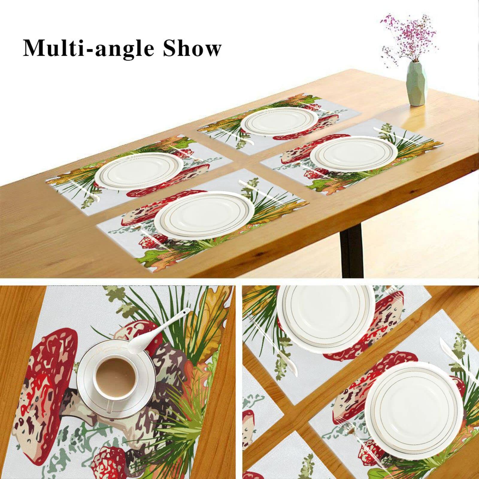4 Pack Autumn Mushroom & Fall Leaves Placemats - 12x18 Inch Washable Heat-Resistant Cloth Table Mats for Kitchen & Dining Room Decor | Perfect for Thanksgiving, Fall Dinner Parties & Seasonal Home Decor