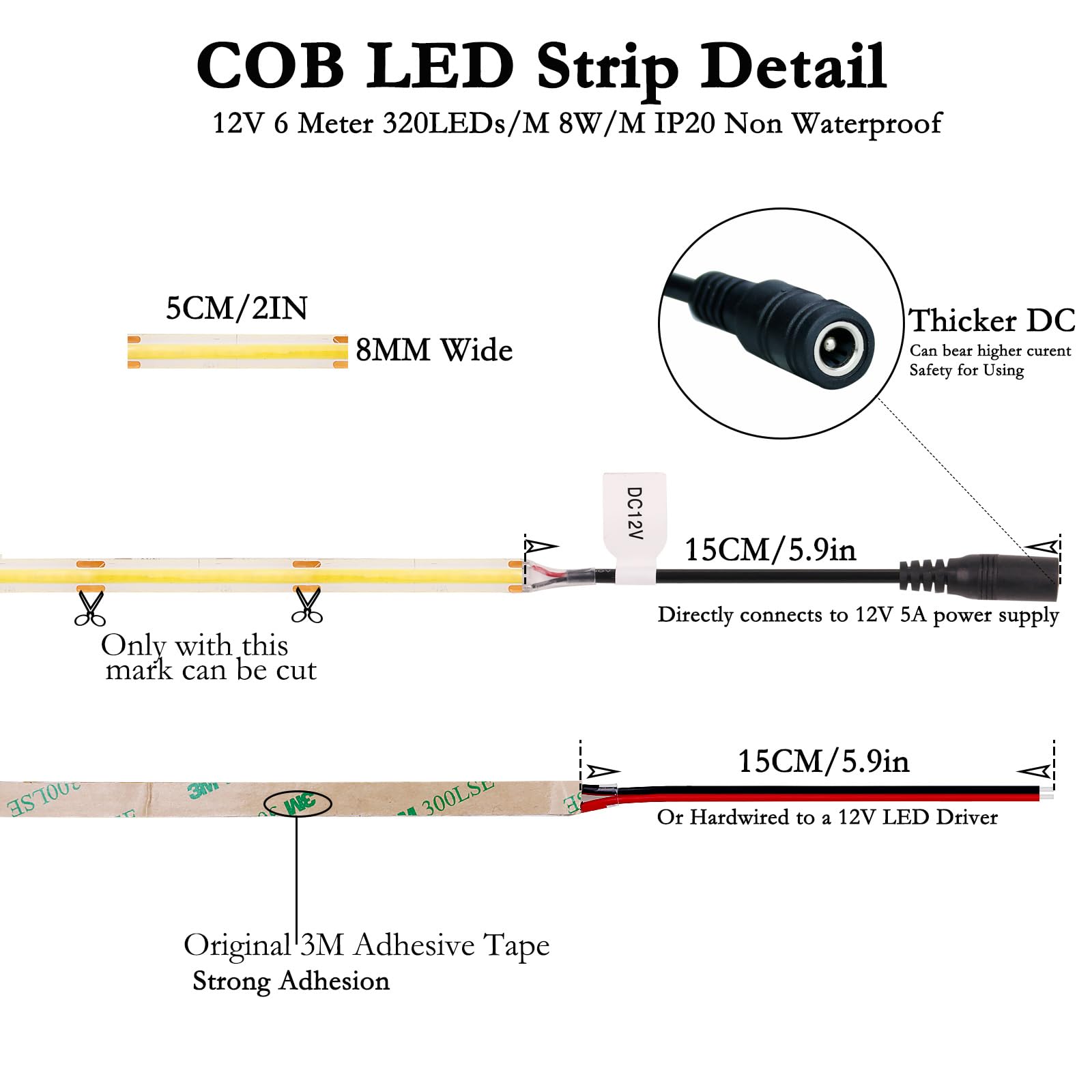 JOYLIT 12V COB LED Strip Light 3000K Warm White, 6M 320LEDs/M 4500LM Uniform Brightness, CRI 90+ Flexible Adhesive Dimmable LED Tape for Home, Kitchen, Bedroom, Cabinet Lighting (LED Strip Only)