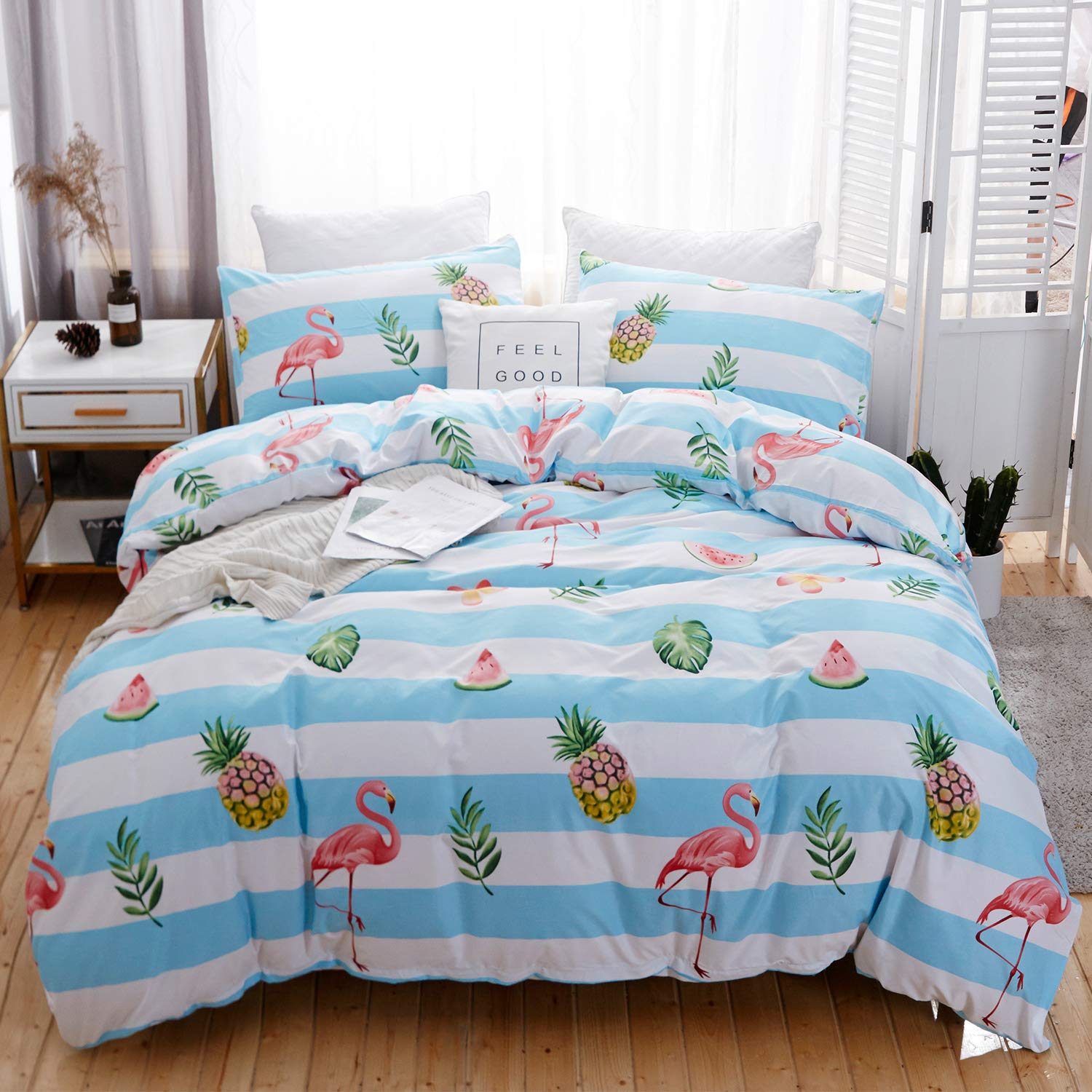 Premium Queen Size Duvet Cover Set - Pineapple & Flamingo Tropical Print with White/Light Blue Stripes - Ultra Soft Luxury Bedding (1 Duvet Cover + 2 Pillow Shams) - Perfect for Beach House, Summer Bedroom & Tropical Theme Decor