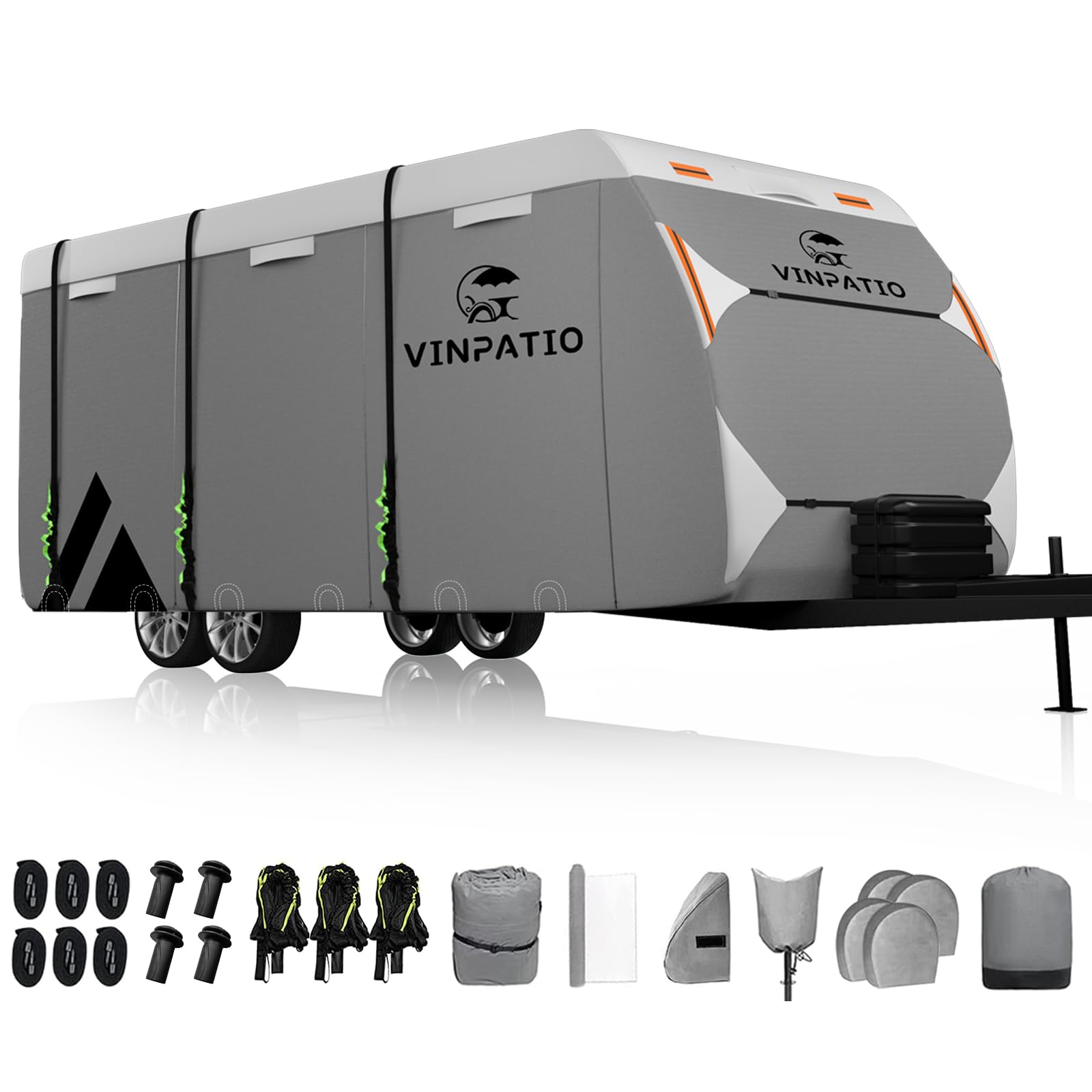 Heavy Duty 7-Layer RV & Travel Trailer Cover with 4 Tire Covers - Waterproof, UV Resistant for 24'-27' Campers, Toy Haulers | Includes Windproof Straps, Tongue Jack Cover & Gutter Covers | Perfect for Winter Storage, Outdoor Protection & Long-Term Parking