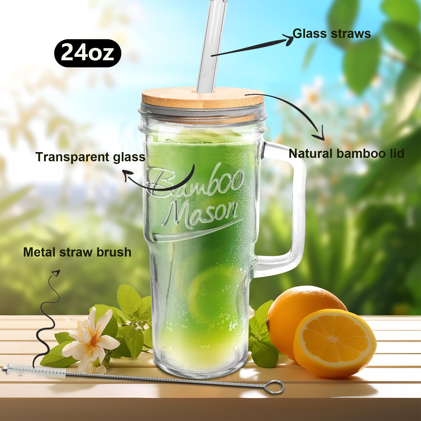 ANOTION 24 oz Glass Tumbler with Lid and Straw - Insulated Handle Coffee Cup for Hot & Cold Drinks - Perfect for Halloween Parties, Coffee Bars, Housewarming Gifts & Kitchen Essentials - Reusable Mason Jar Style Drinking Glass Set