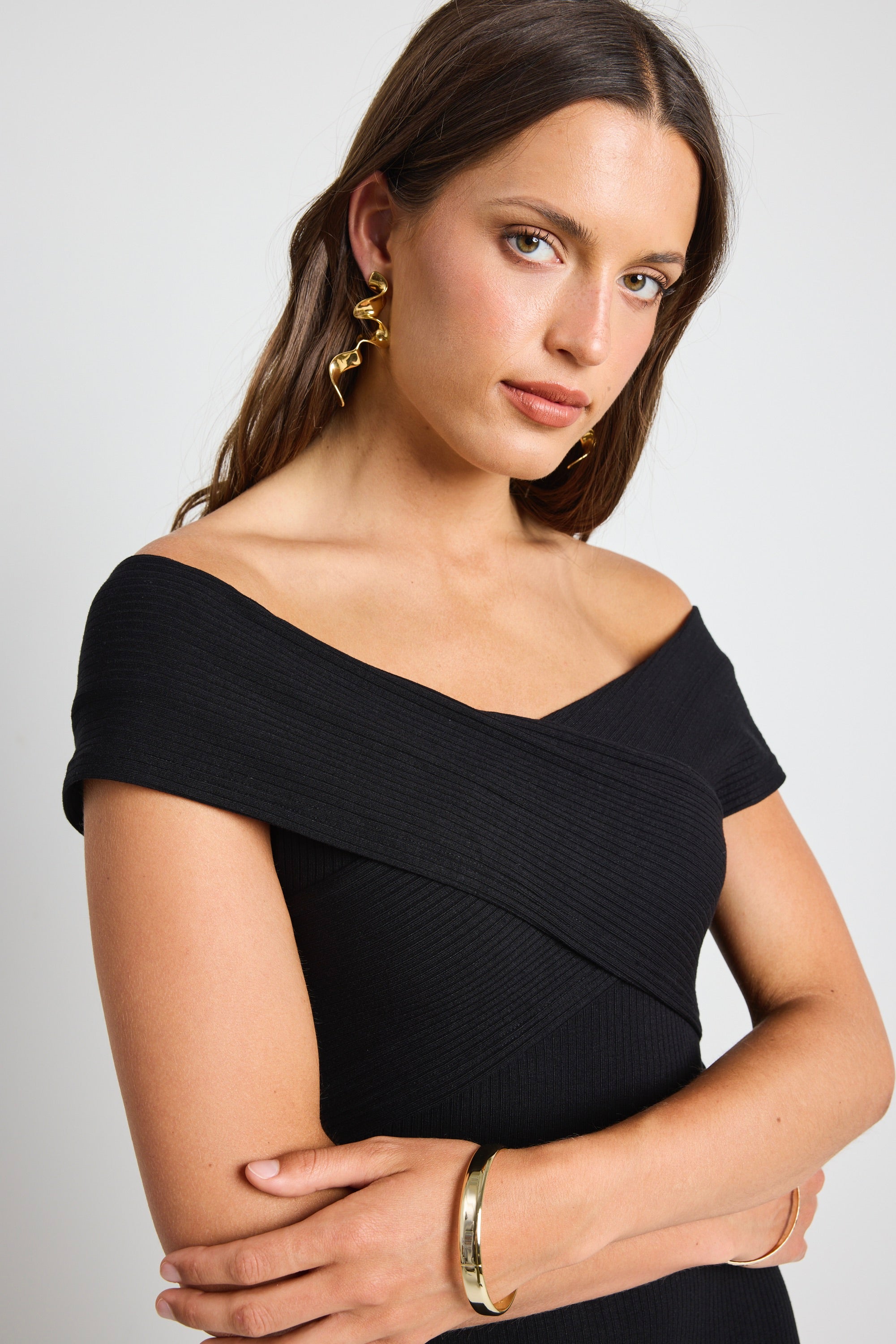 Alfa Black Rib Off Shoulder SS Midi Dress - Elegant Summer Party & Date Night Outfit for Women