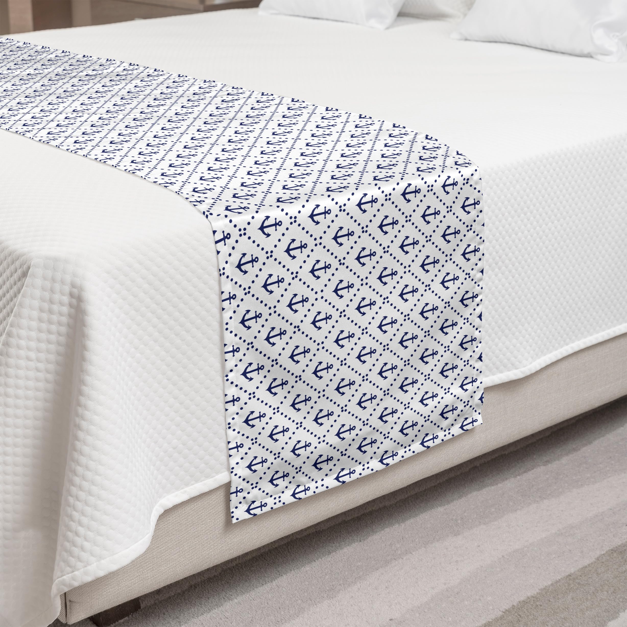 Ambesonne Nautical Bed Runner - Anchor & Diamond Dot Marine Design, Navy Blue & White Decorative Bed Scarf for Queen Size Beds | Perfect for Coastal Themed Bedrooms, Beach House Decor & Guest Room Accents