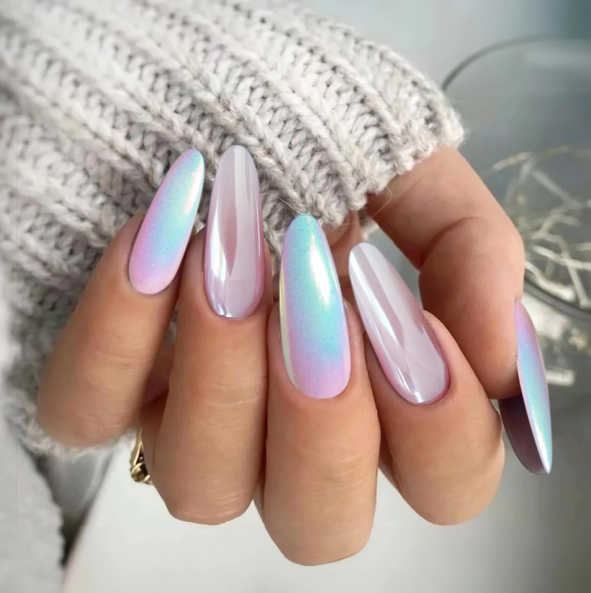 Pearl White Chrome Nail Powder for Women - Aurora Mermaid Iridescent & Holographic Rainbow Nail Glitter - Mirror Effect Metallic Manicure Powder for Nail Art, Salon & DIY Home Nail Designs