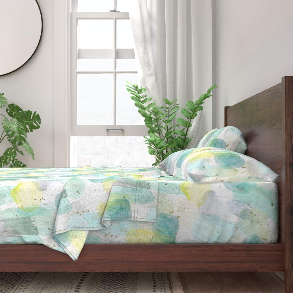 Watercolor Star Abstract Sky 100% Cotton Queen 4-Piece Sheet Set - Gender Neutral Boho Nursery Bedding in Teal, Mint & Yellow | Perfect for Baby Rooms, Guest Bedrooms & Bohemian Home Decor