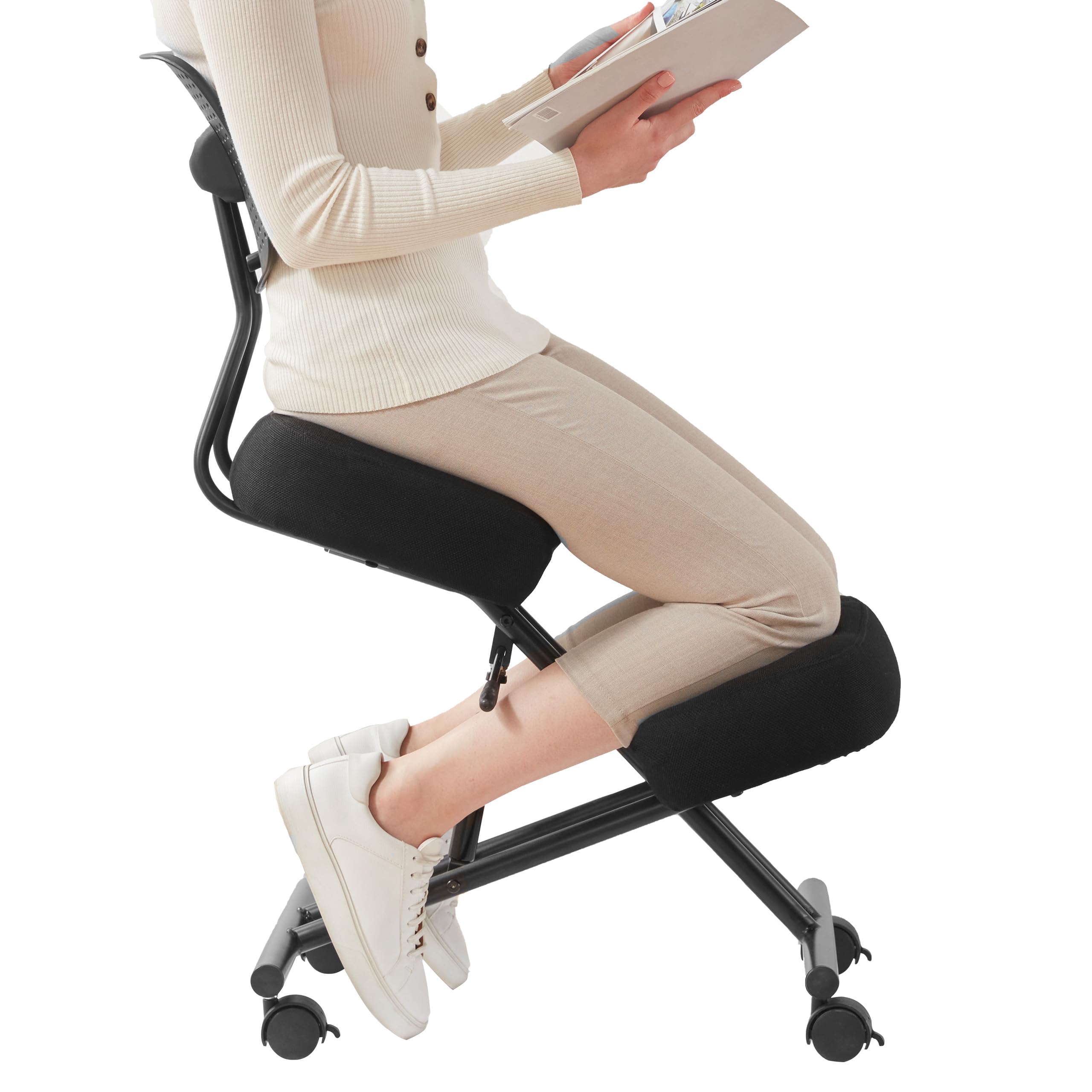 Ergonomic Kneeling Chair with Back Support - Adjustable Posture Stool for Office & Home Use, Black Linen Fabric with Brake & Gliding Casters - Relieves Back Pain, Improves Posture | Perfect for Home Office, Meditation & Reading Nook