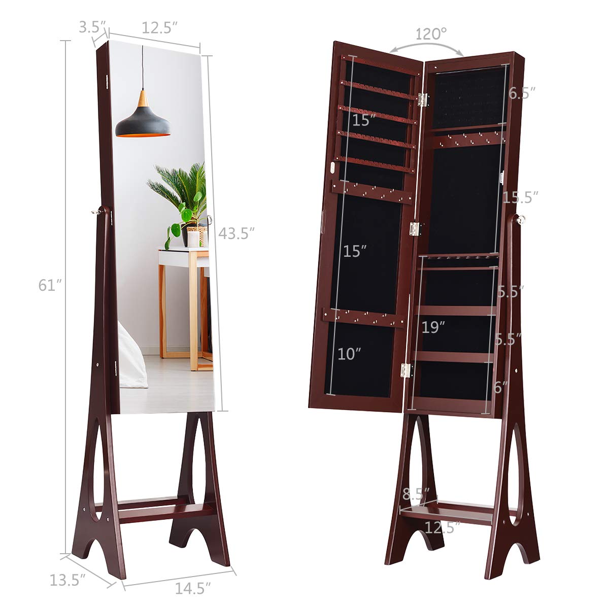 Giantex 12 LED Jewelry Armoire Cabinet with Frameless Full-Length Mirror - Standing Jewelry Organizer with 16 Lipstick Holders & Large Storage - 3 Angle Adjustable Brown Jewelry Cabinet for Bedroom, Dressing Room & Closet Organization