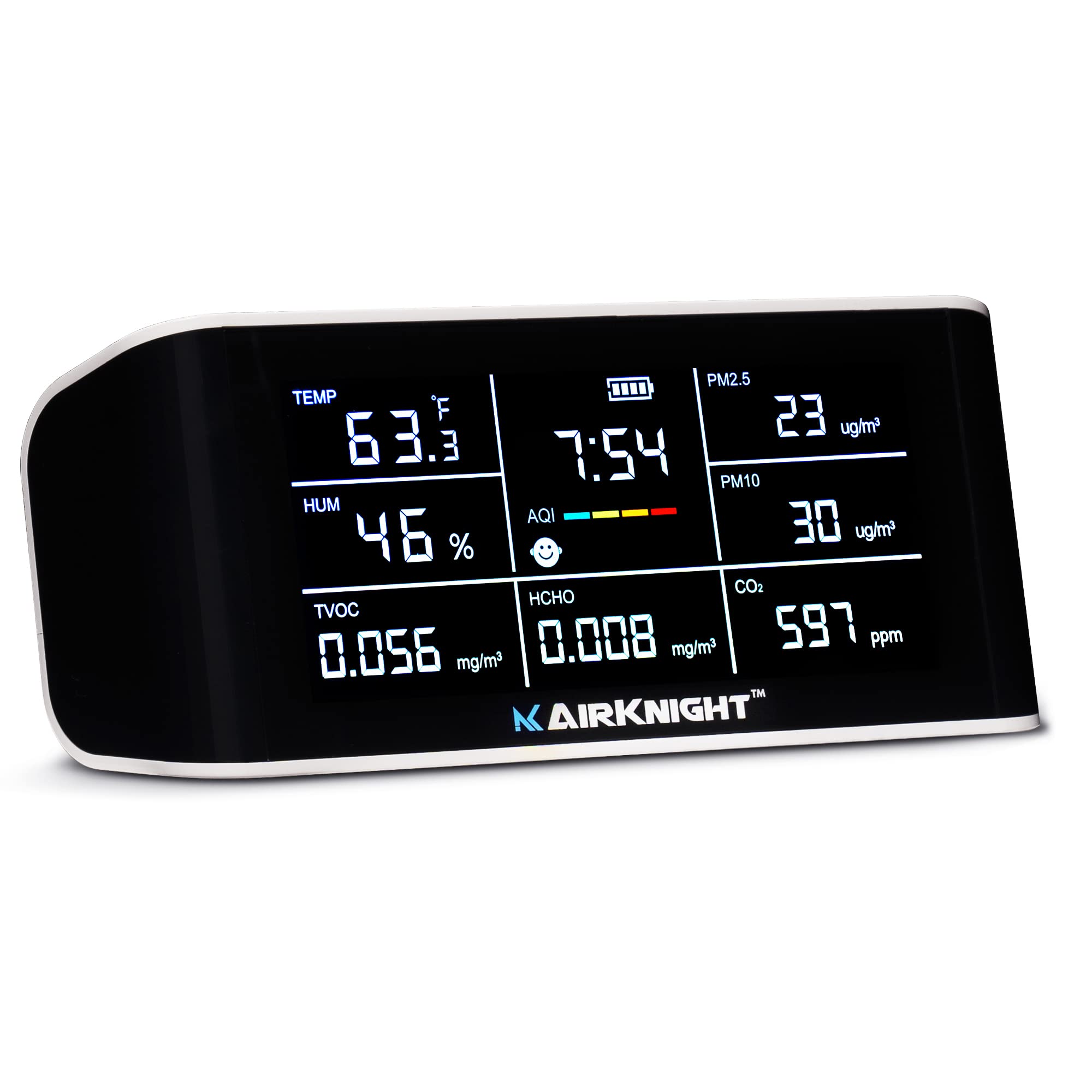 **AirKnight 9-in-1 Indoor Air Quality Monitor – VOC, CO2, Formaldehyde (HCHO), AQI, PM2.5/PM10, Temp & Humidity Sensor | Real-Time Air Pollution Detector for Home, Office & Nursery | Improve Indoor Air Safety & Comfort**