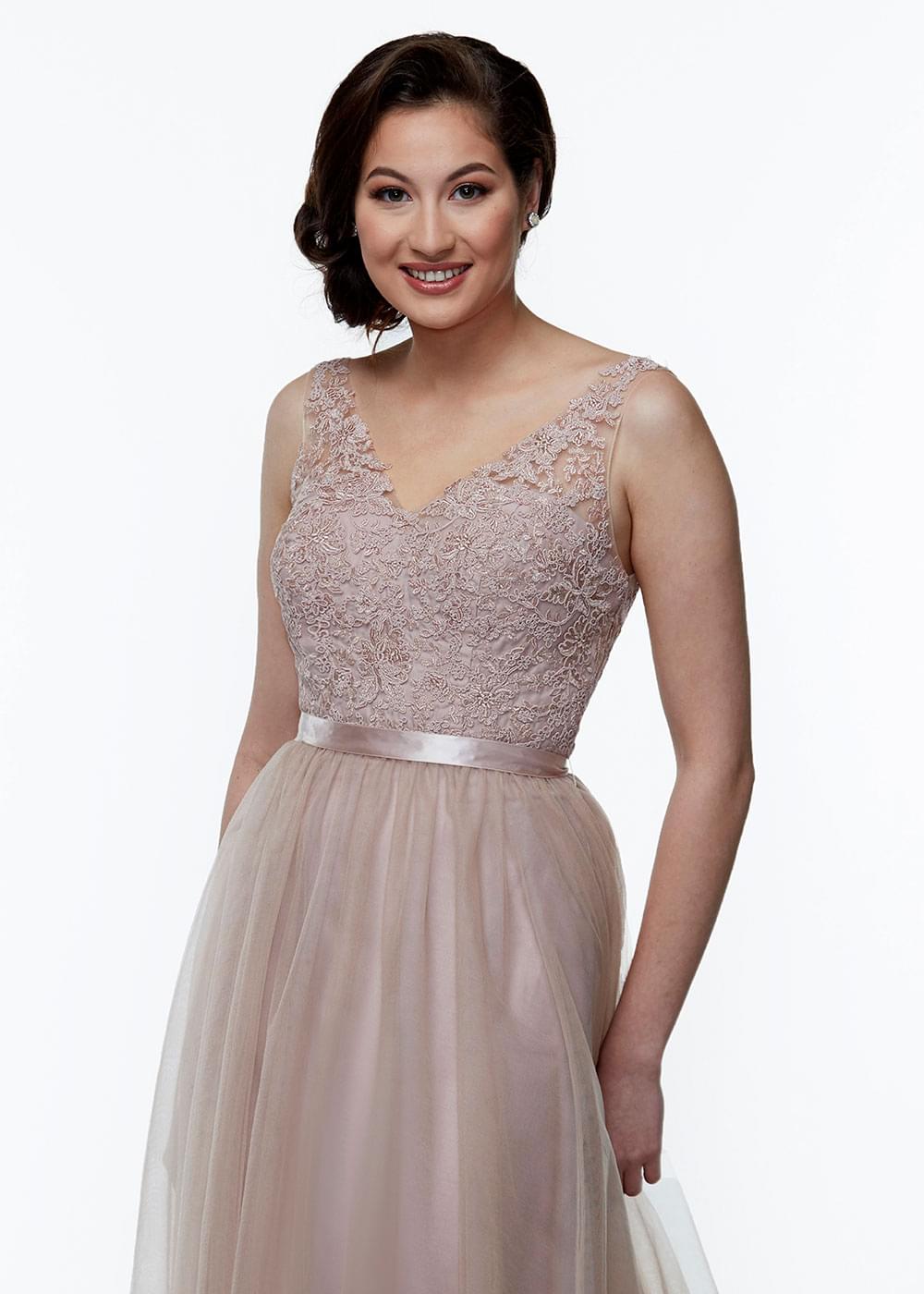 Elegant 80097 A-Line Tulle Bridesmaid Dress with Lace Bodice & Sash - Perfect for Weddings, Prom & Formal Events