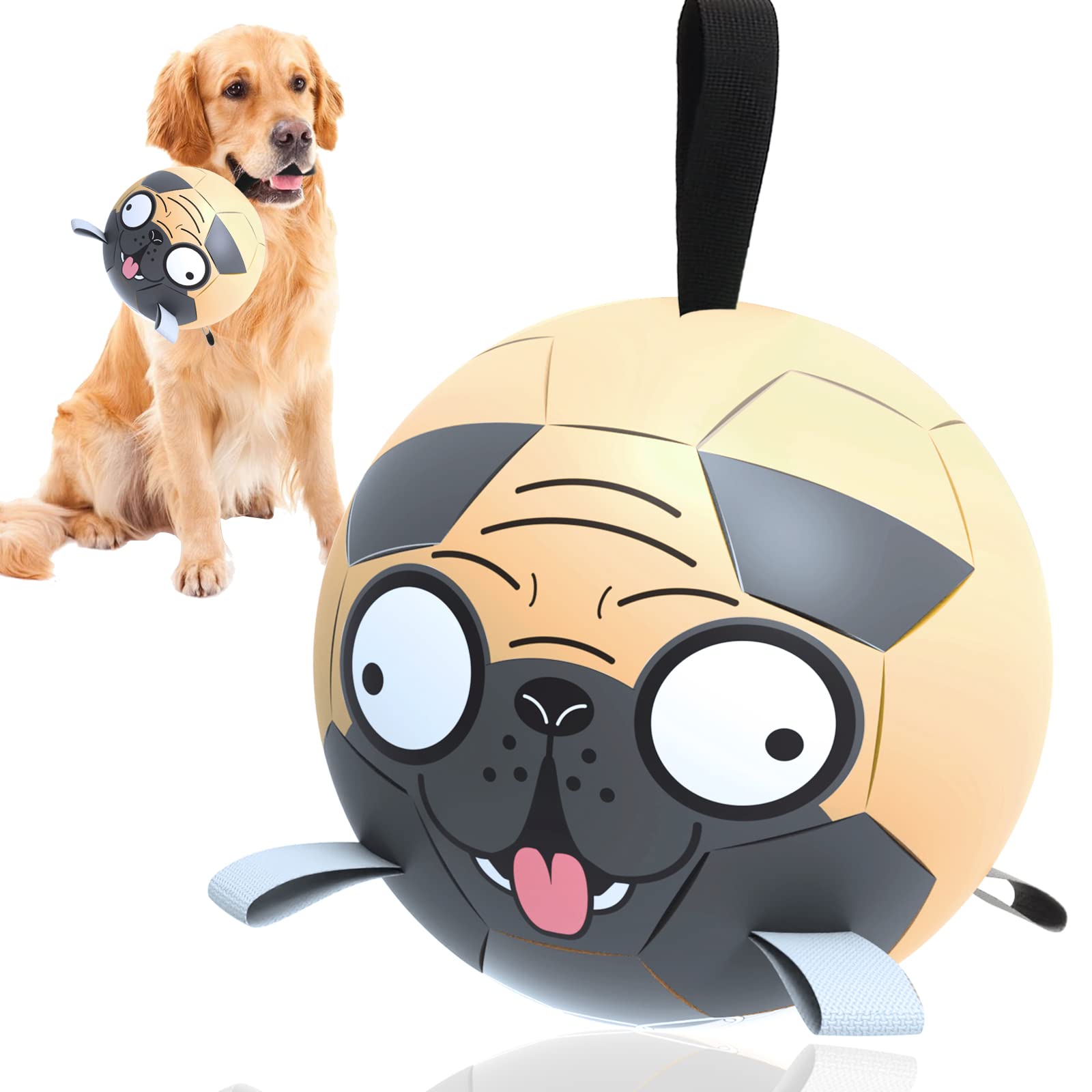 Durable 8-Inch Pug Dog Soccer Ball Toy with Straps - Interactive Tug of War & Water Play Toy for Puppies - Perfect Birthday Gift for Dogs - Great for Outdoor Play, Training & Bonding