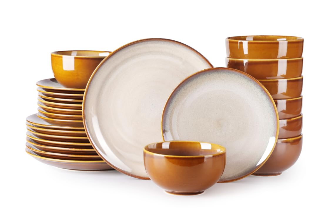 LERATIO 24-Piece Ceramic Dinnerware Set for 8, Stoneware Plates & Bowls with Handmade Reactive Glaze - Chip & Scratch Resistant, Oven, Dishwasher & Microwave Safe - Khaki | Perfect for Family Dinners, Entertaining Guests & Everyday Use
