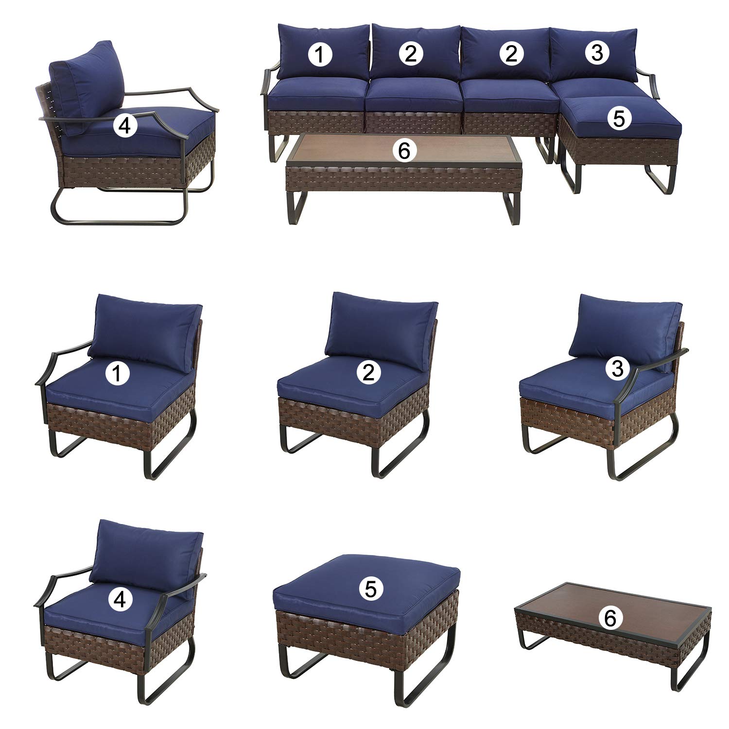 7-Piece All-Weather PE Rattan Patio Furniture Set - Outdoor Sectional Sofa with Coffee Table, Ottoman & Removable Cushions (Blue) | Perfect for Backyard, Poolside & Garden Relaxation