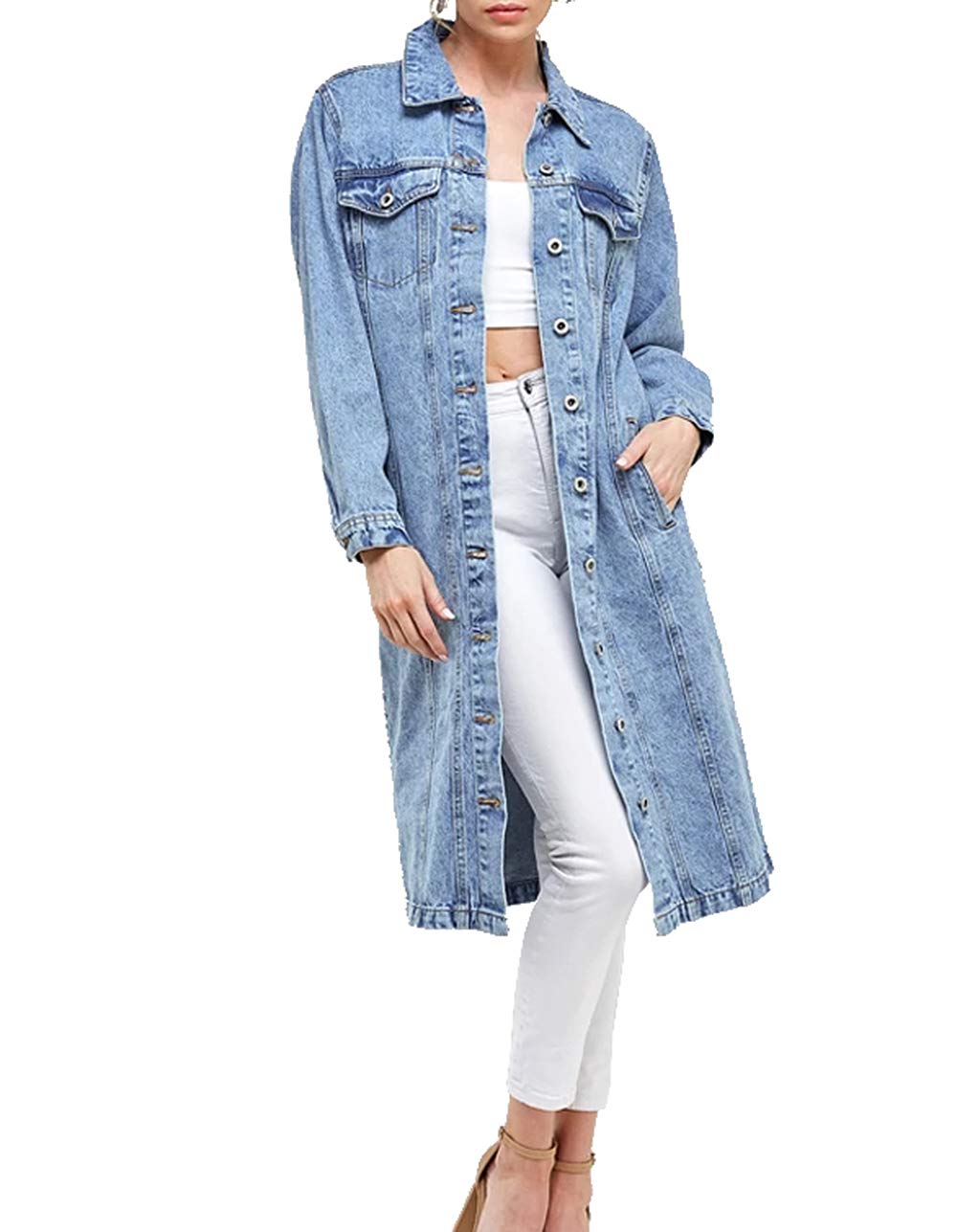 VKWear Women's Oversized Denim Jacket - Long Casual Maxi Cotton Coat with Button Up Design | Perfect for Spring Layering, Streetwear Fashion & Everyday Outfits