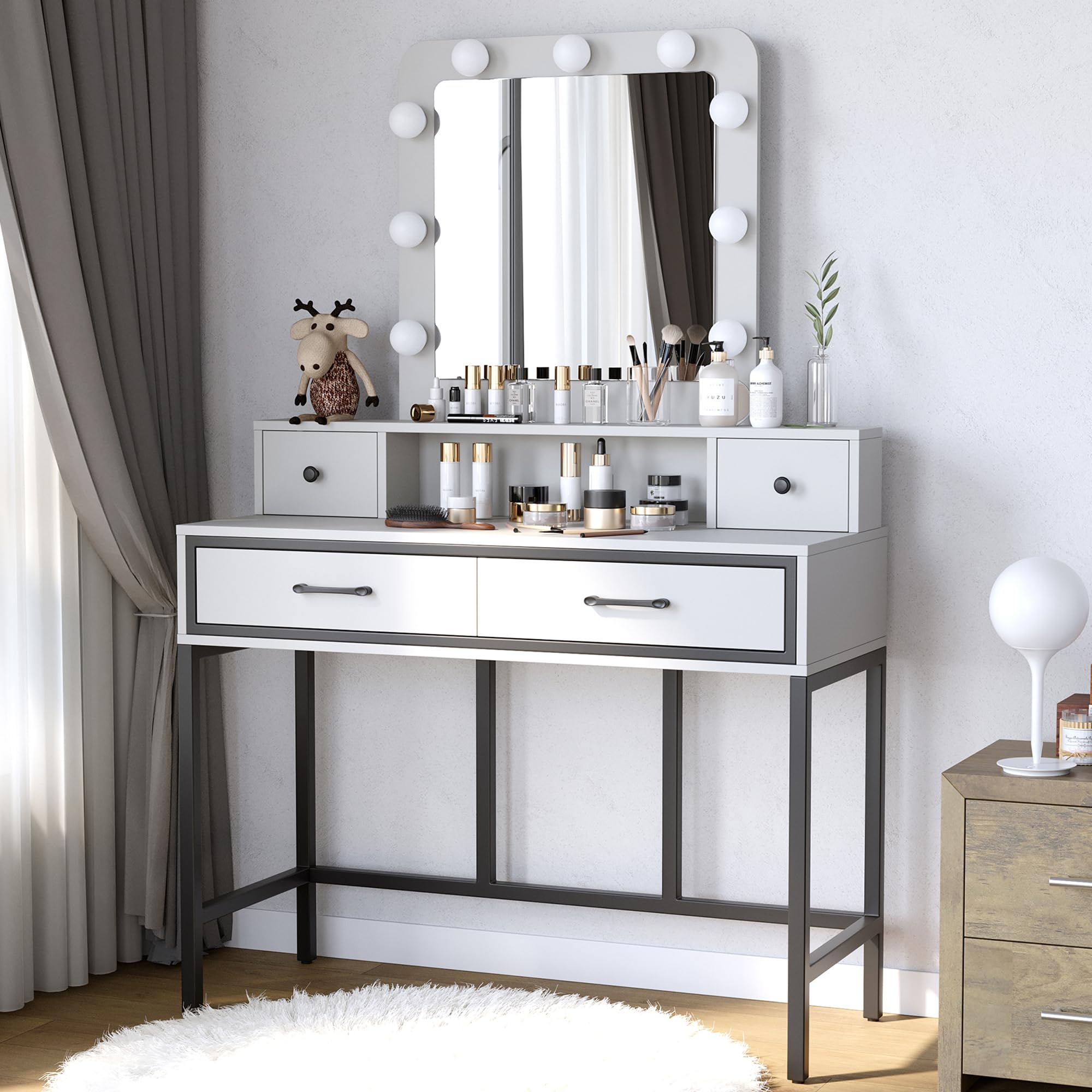 RoyalCraft White Vanity Desk with Mirror & Lights - 3-Color Dimmable Hollywood Makeup Table with 4 Drawers, Large Dressing Table for Women & Girls | Perfect for Bedroom, Boudoir & Beauty Room Organization