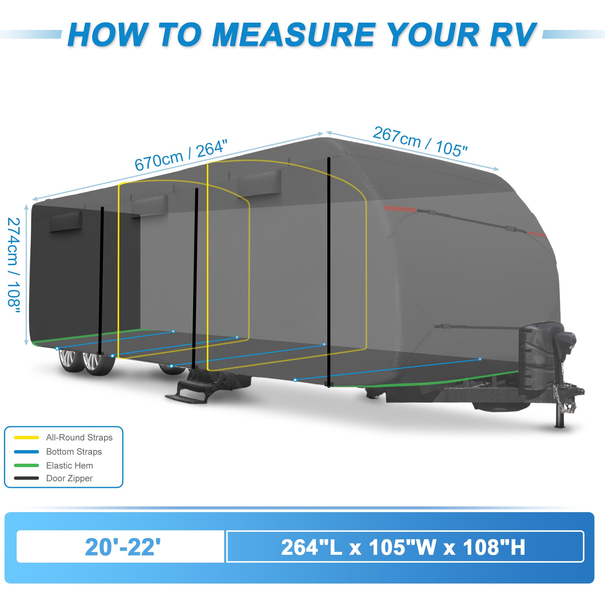 uxcell Waterproof RV Cover for 20'-22' Travel Trailers - Windproof, Anti-UV Camper Cover with Extra Windproof Ropes & Gutter Covers - All Season Protection (Black) - Perfect for Outdoor Storage, Camping & Travel