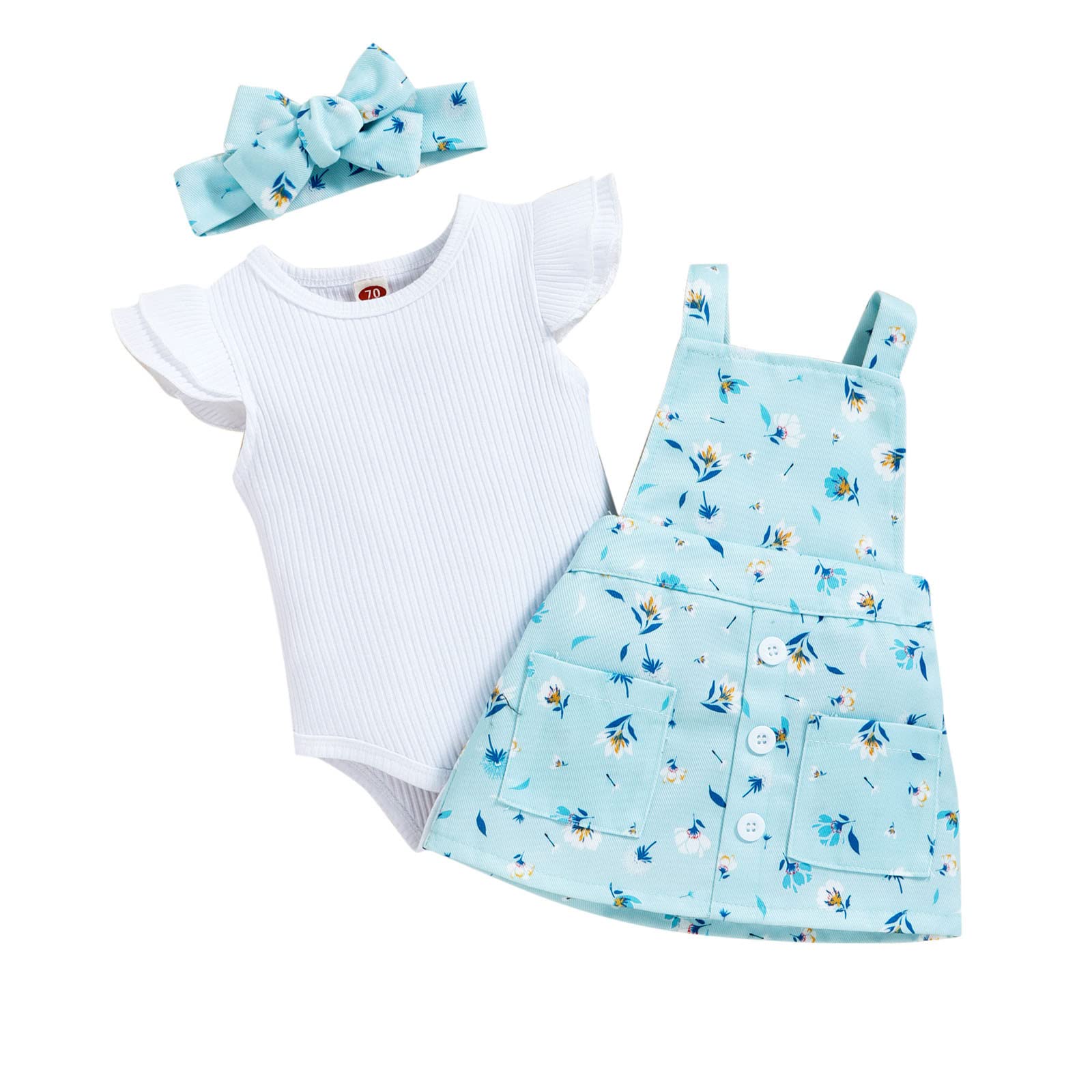 Gaoqi Baby Girl Outfit Set - Floral Print Romper with Fly Sleeves, Ribbed Bodysuit, Suspenders & Headband - Perfect for Newborn Photoshoots, Birthday Parties & Daily Wear