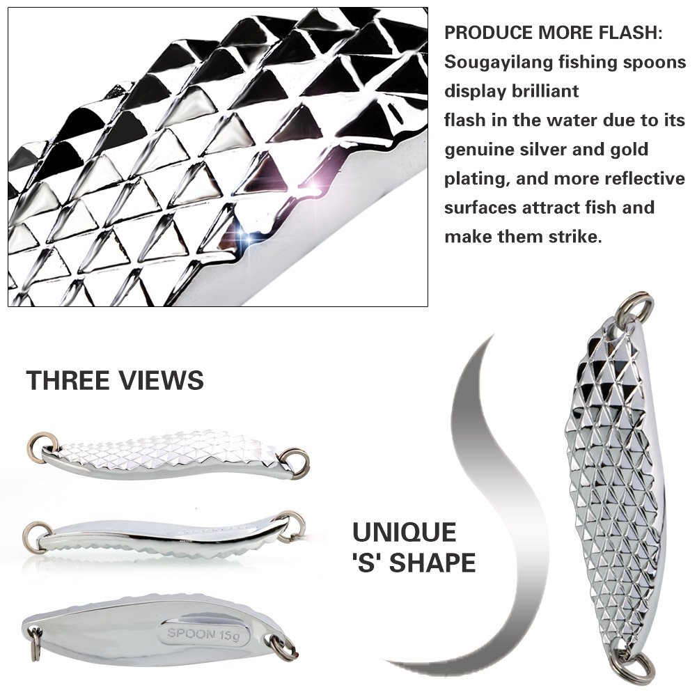 Sougayilang 1/2 oz Fishing Spoon Lures - Metal Hard Baits with Treble Hooks for Salmon, Bass, Trout - Perfect for Freshwater & Saltwater Fishing