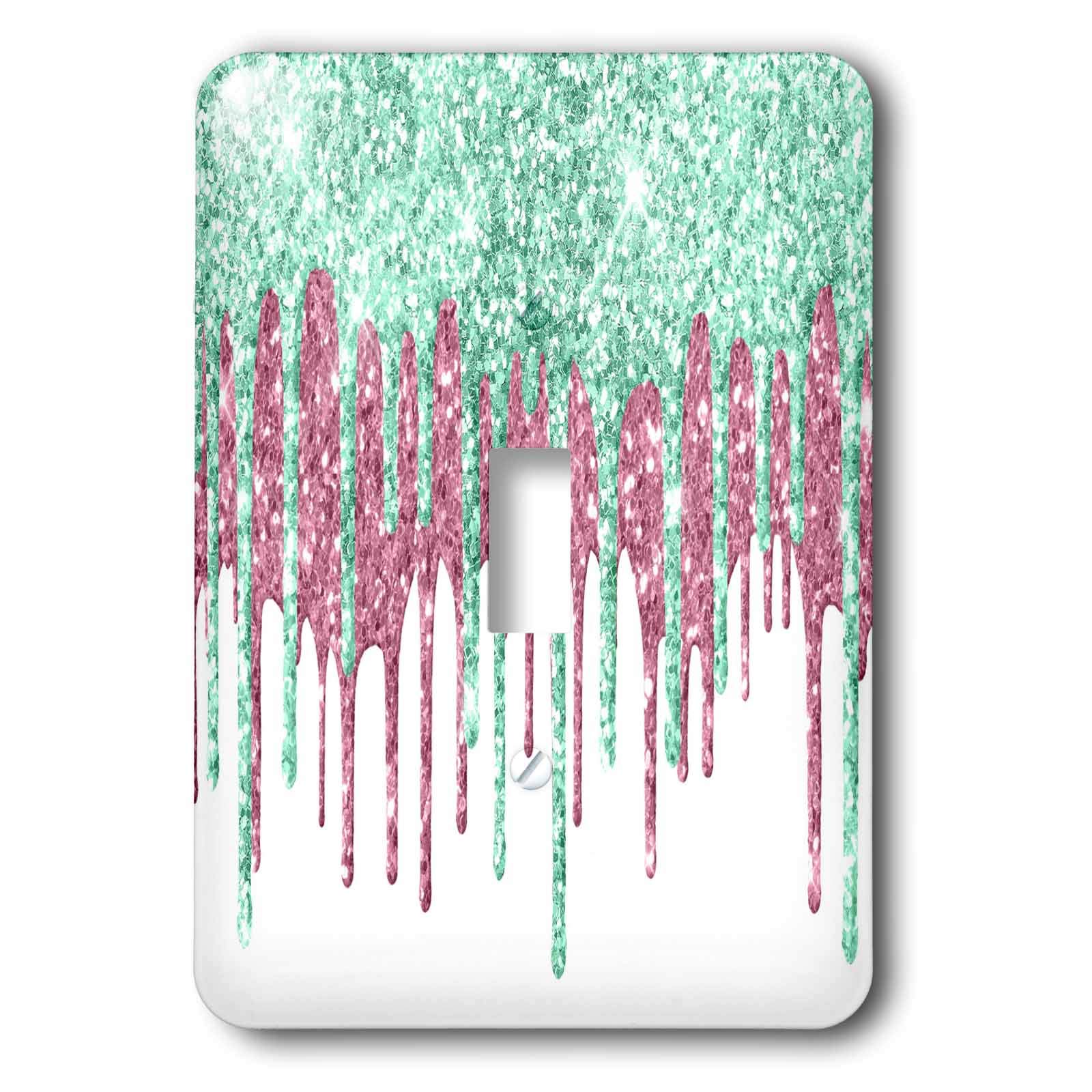 3D Rose Glam Mint Green and Pink Glitter Drip Light Switch Cover - Decorative Wall Plate for Bedroom, Bathroom, Kitchen & Home Decor (Single, Standard Size)