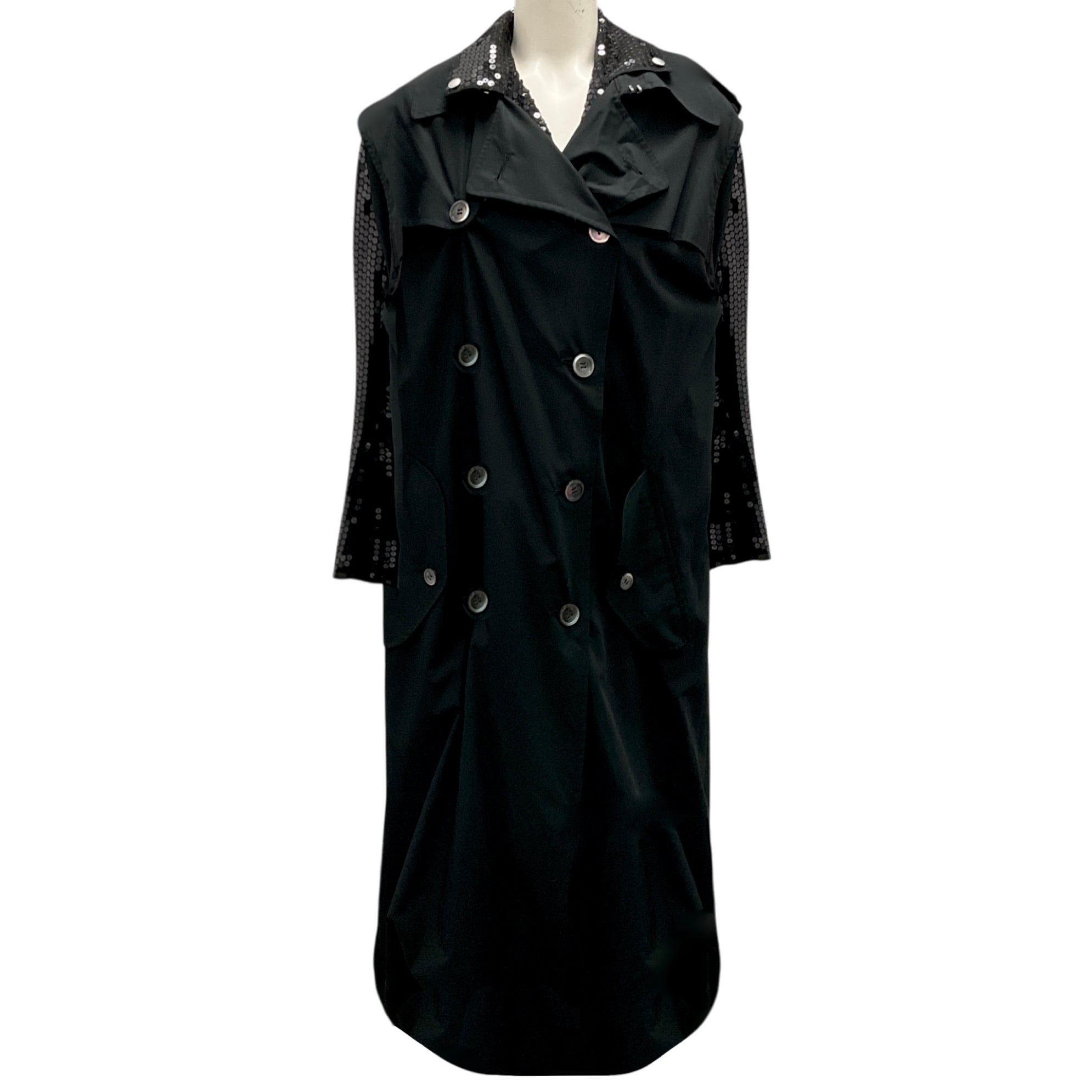 Junya Watanabe Comme des Garcons Black Sequined Double Breasted Cotton Trench Coat - Elegant Evening Wear for Women, Perfect for Parties, Weddings & Special Occasions