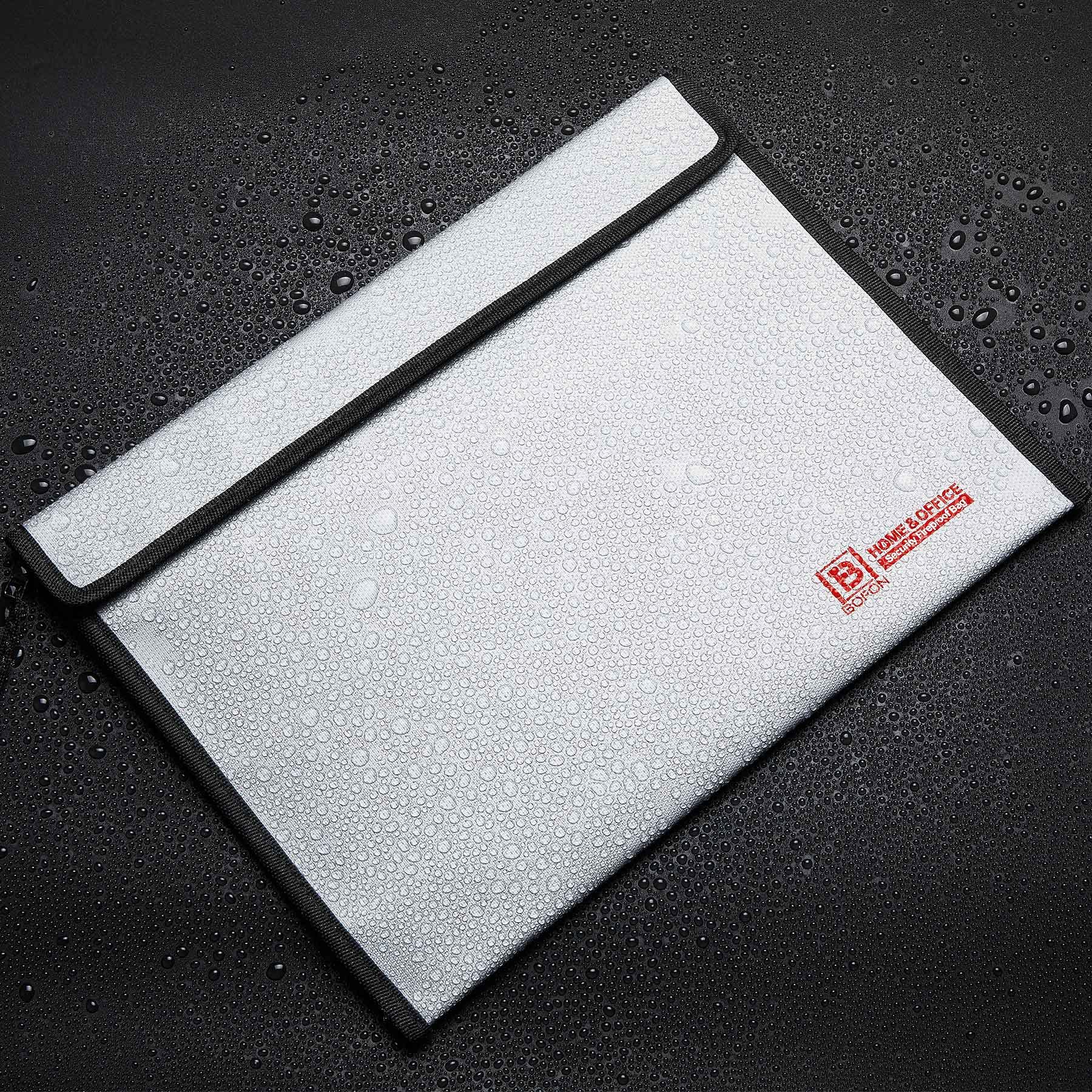 BOFON 15”x11” Fireproof Document Bag - Waterproof & Fireproof Money Bag with Zipper for Valuables, Cash, Jewelry, Files & Tablets - Ideal for Home, Office & Travel Safety Storage